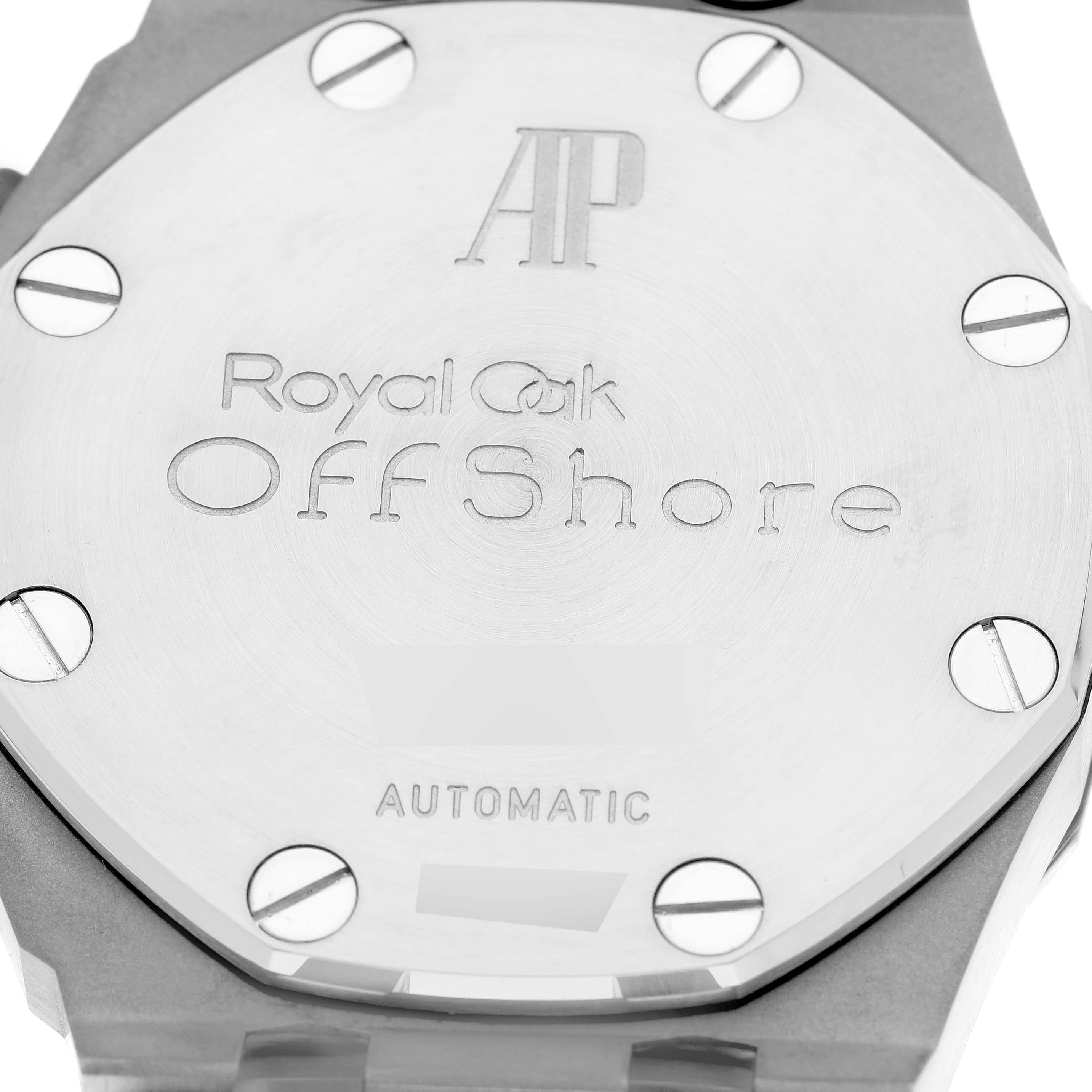 The image shows the case back of the Audemars Piguet Royal Oak Offshore 26170ST.OO.D101CR.02 Men's Stainless Steel Silver Dial 26170ST.OO.D101CR.02 Men's Stainless Steel Silver Dial watch.