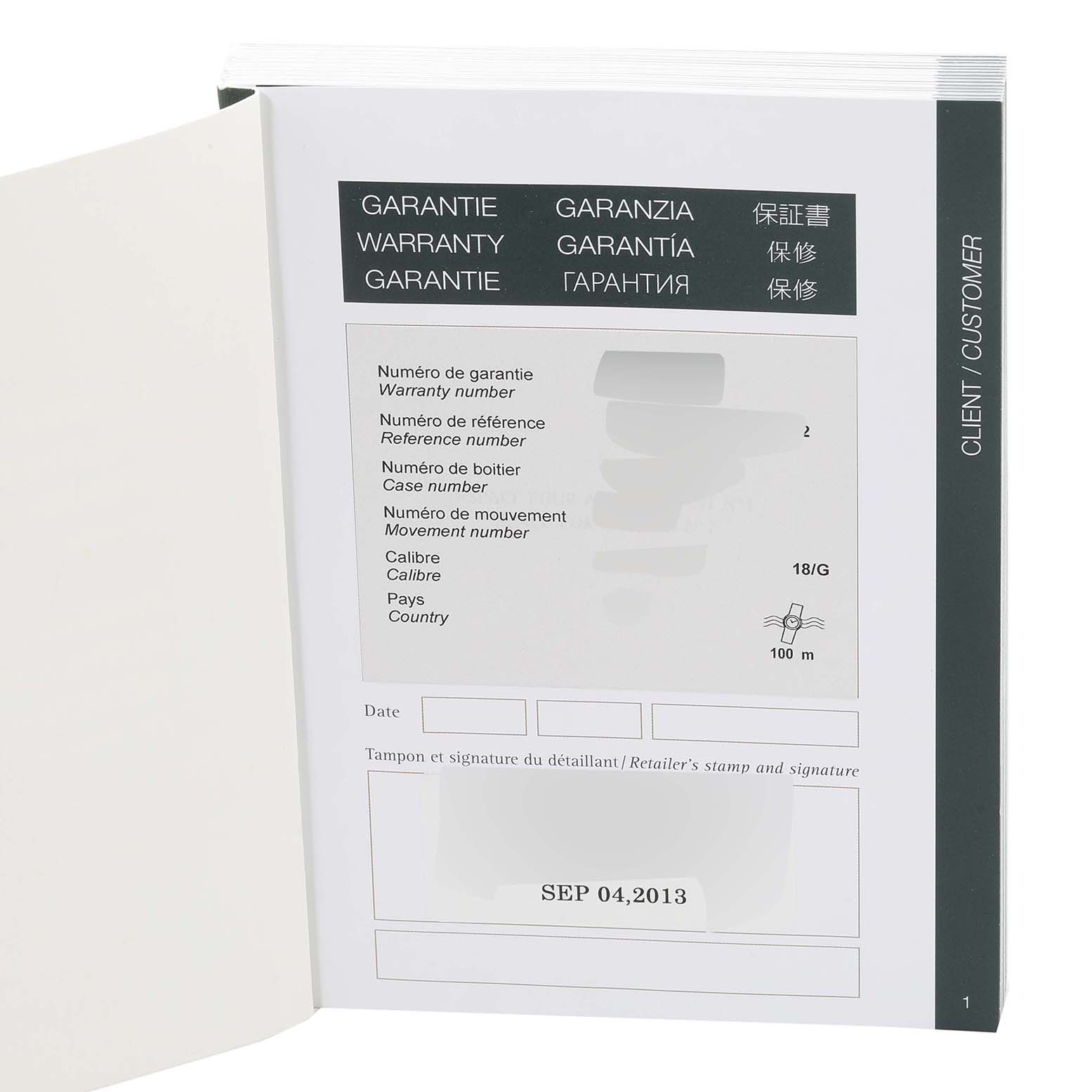 The image shows an open warranty booklet for the Audemars Piguet Royal Oak Offshore 26170ST.OO.D101CR.02 Men's Stainless Steel Silver Dial 26170ST.OO.D101CR.02 Men's Stainless Steel Silver Dial model.