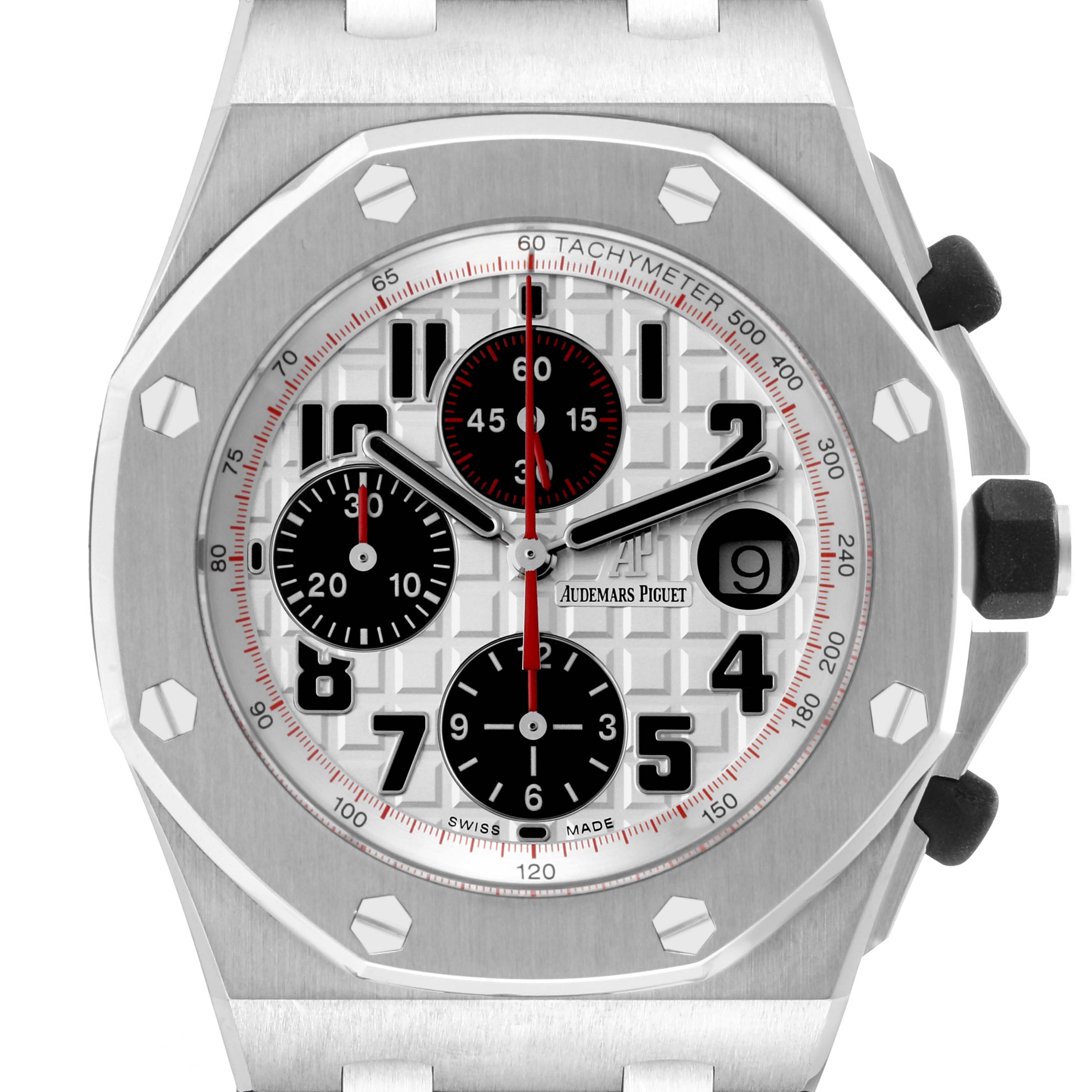 The image shows a front view of the Audemars Piguet Royal Oak Offshore 26170ST.OO.D101CR.02 Men's Stainless Steel Silver Dial 26170ST.OO.D101CR.02 Men's Stainless Steel Silver Dial watch, highlighting the dial, chronograph subdials, and tachymeter scale.