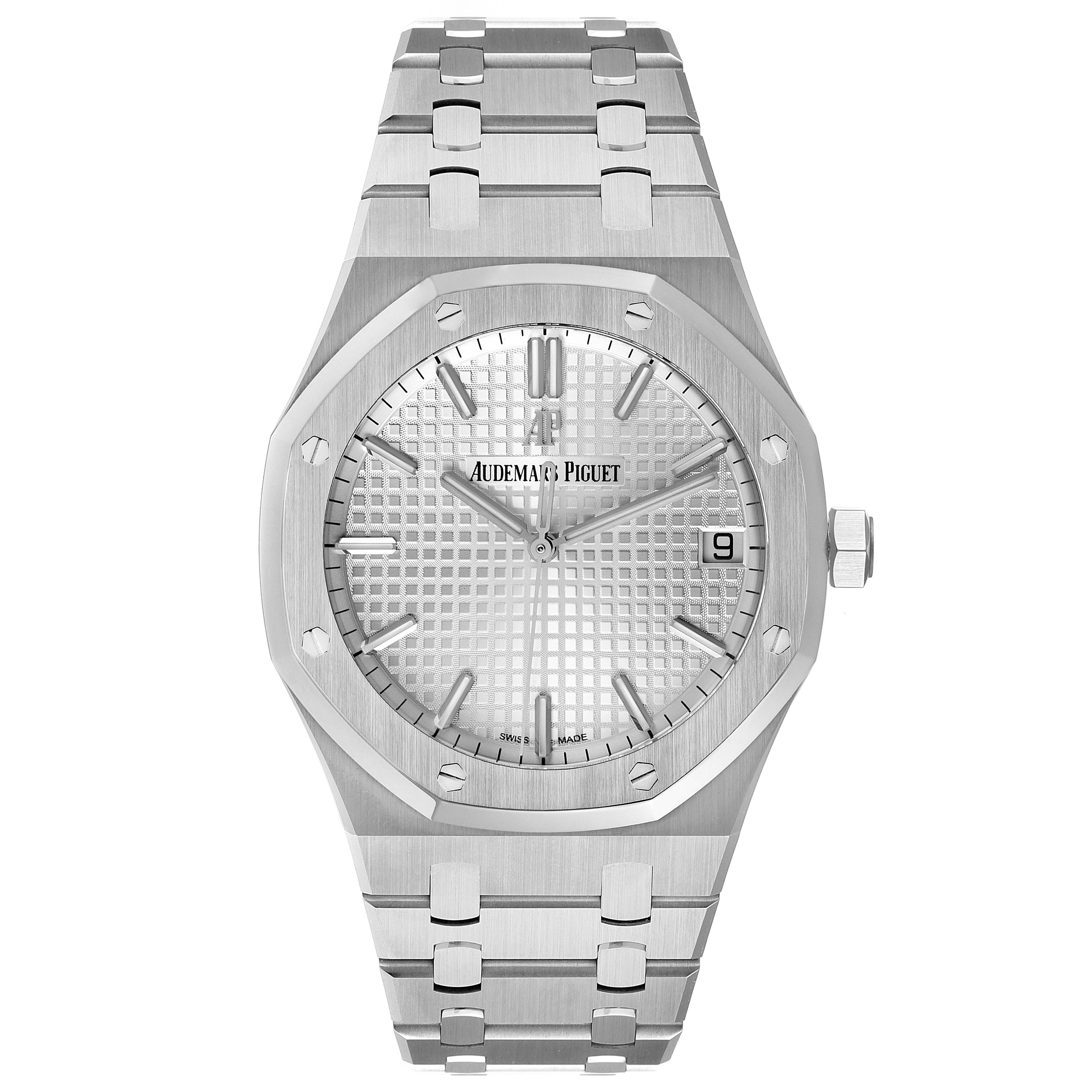 This image shows a frontal view of an Audemars Piguet Royal Oak 15500ST.OO.1220ST.04 Men's Stainless Steel Silver Dial 15500ST.OO.1220ST.04 Men's Stainless Steel Silver Dial watch, highlighting its dial, bezel, bracelet, and the crown.