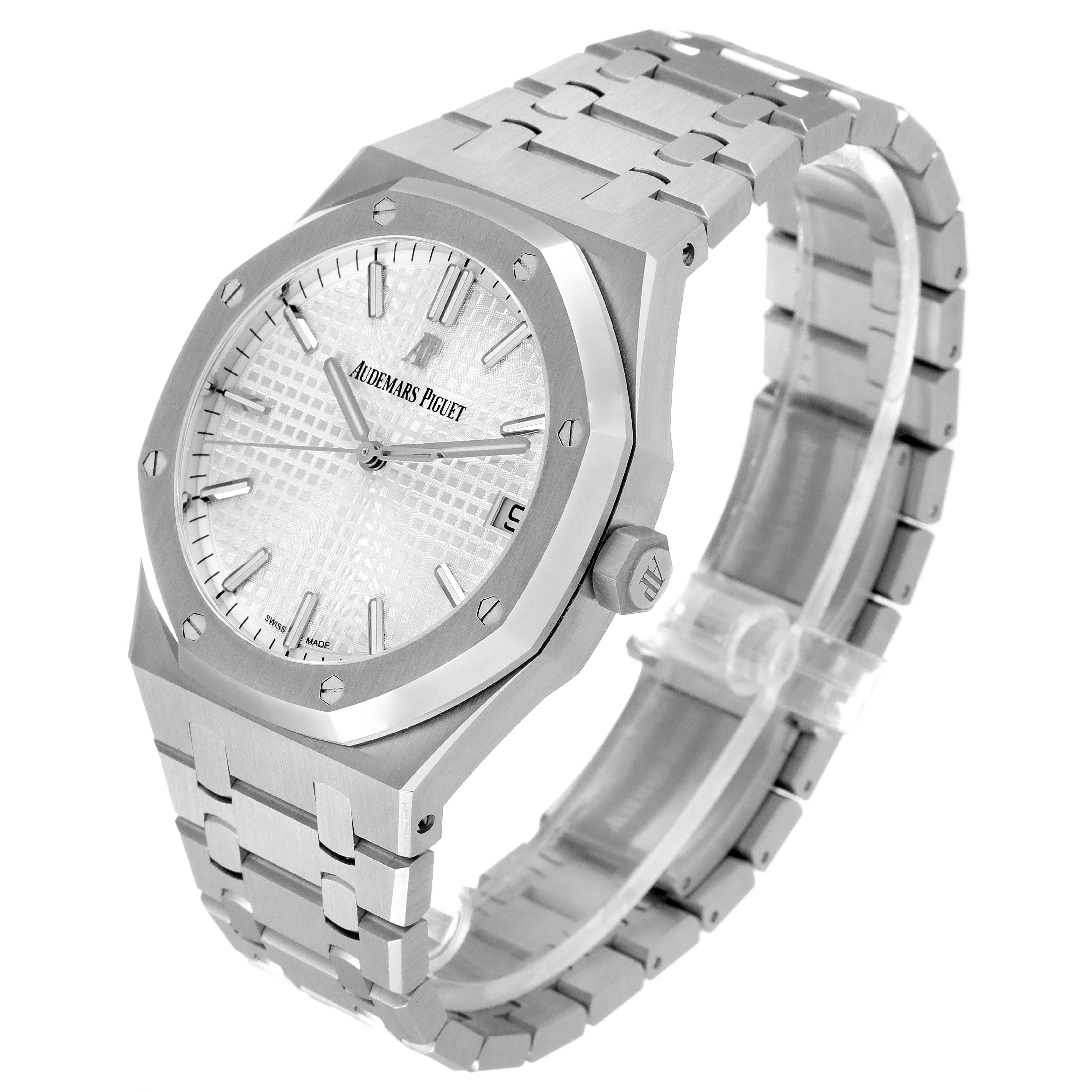 This image shows a side-angle view of an Audemars Piguet Royal Oak 15500ST.OO.1220ST.04 Men's Stainless Steel Silver Dial 15500ST.OO.1220ST.04 Men's Stainless Steel Silver Dial watch, displaying the face, crown, and bracelet.