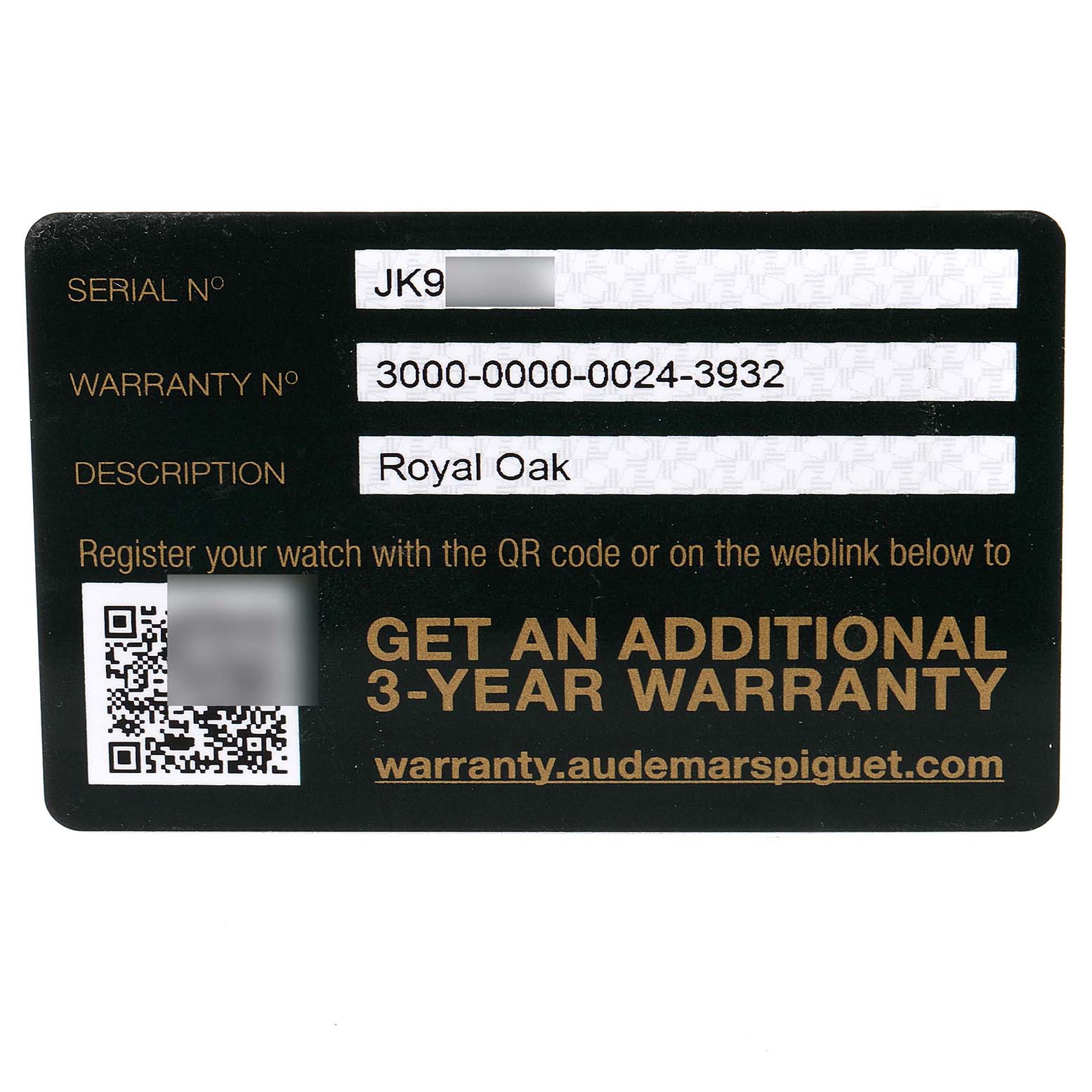 This image shows a warranty card for the Audemars Piguet Royal Oak 15500ST.OO.1220ST.04 Men's Stainless Steel Silver Dial 15500ST.OO.1220ST.04 Men's Stainless Steel Silver Dial watch with a serial number, warranty number, and QR code.