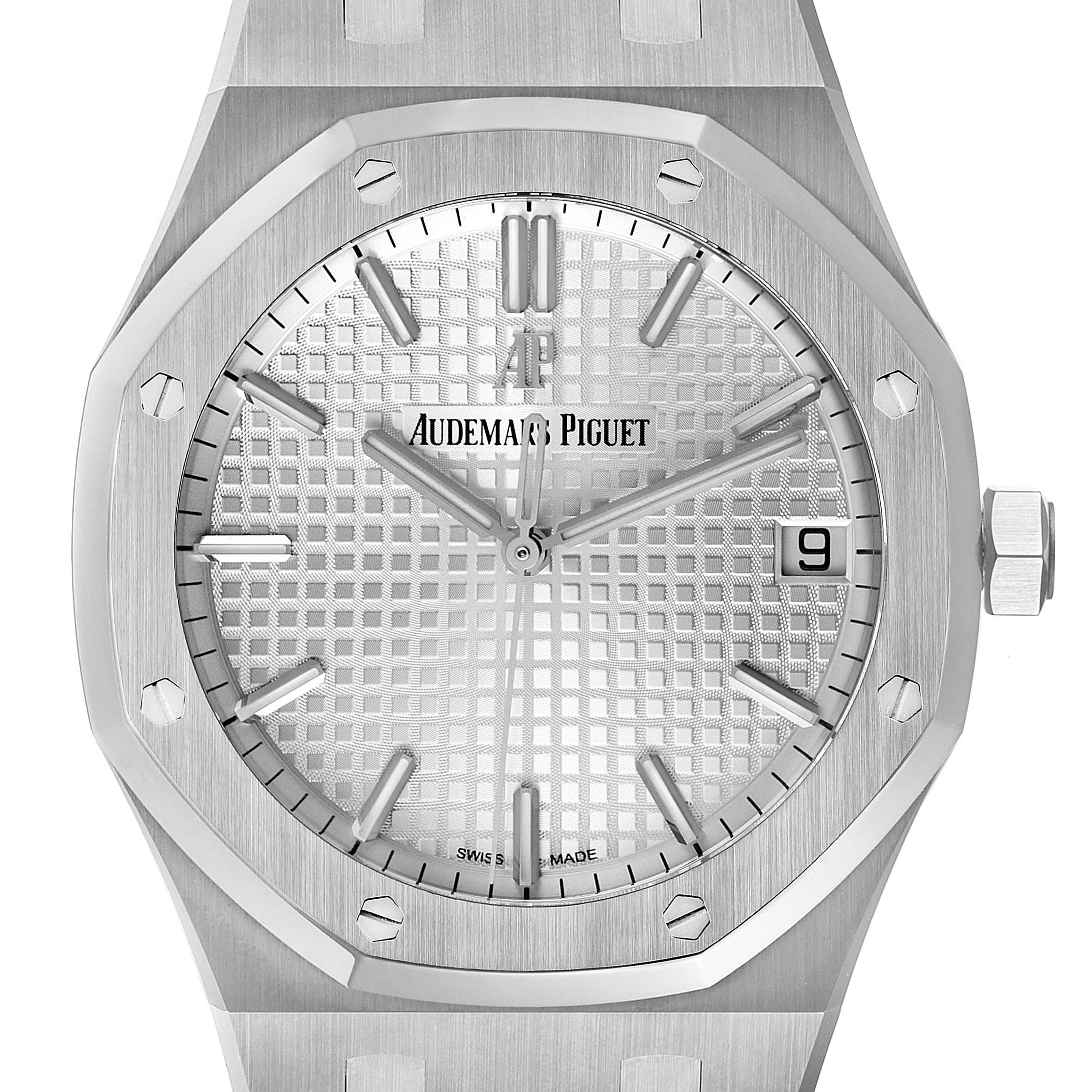 The image shows a front view of the Audemars Piguet Royal Oak 15500ST.OO.1220ST.04 Men's Stainless Steel Silver Dial 15500ST.OO.1220ST.04 Men's Stainless Steel Silver Dial watch, highlighting its dial, bezel, and crown.