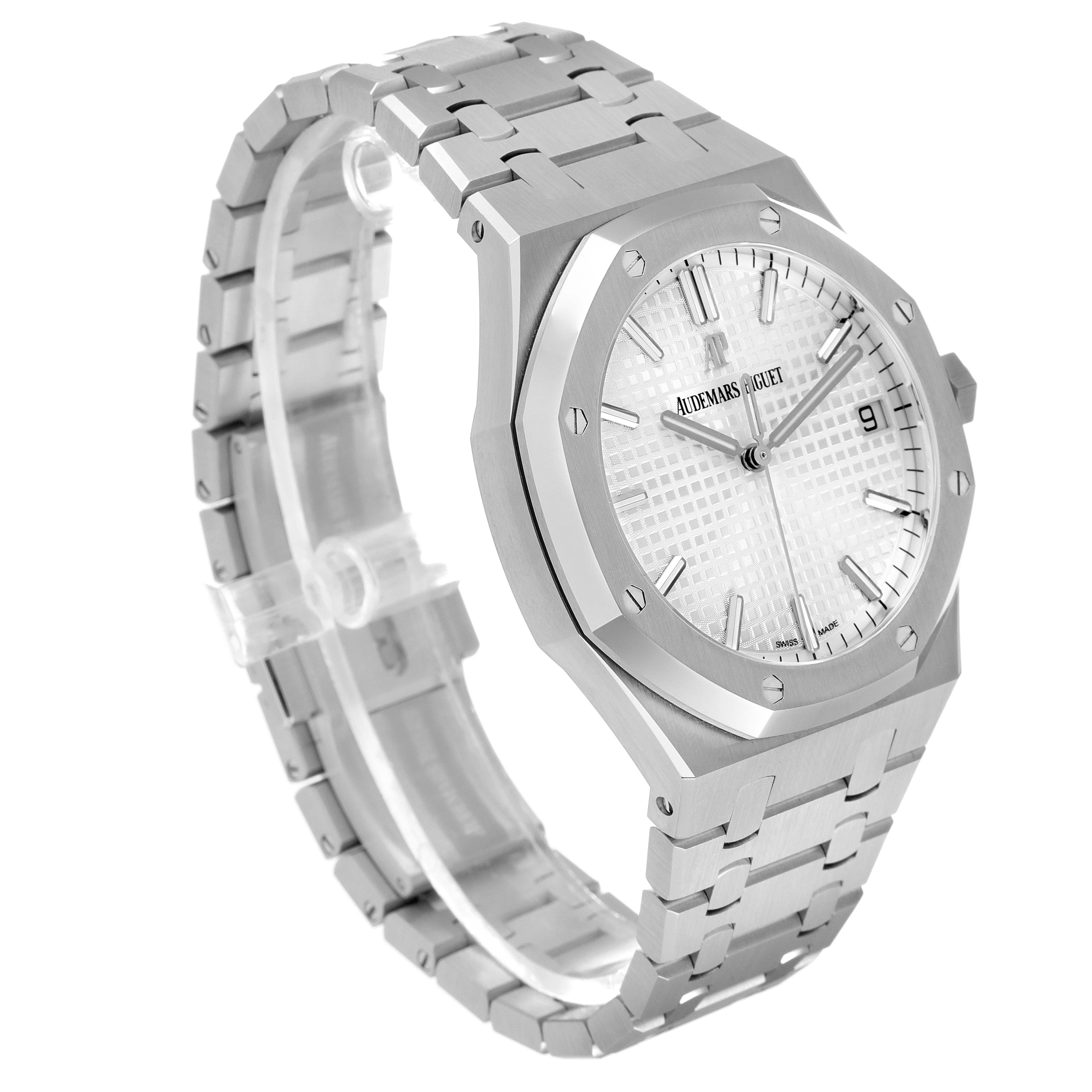 The image shows a frontal angled view of the Audemars Piguet Royal Oak 15500ST.OO.1220ST.04 Men's Stainless Steel Silver Dial 15500ST.OO.1220ST.04 Men's Stainless Steel Silver Dial watch, highlighting its face, bezel, and bracelet.