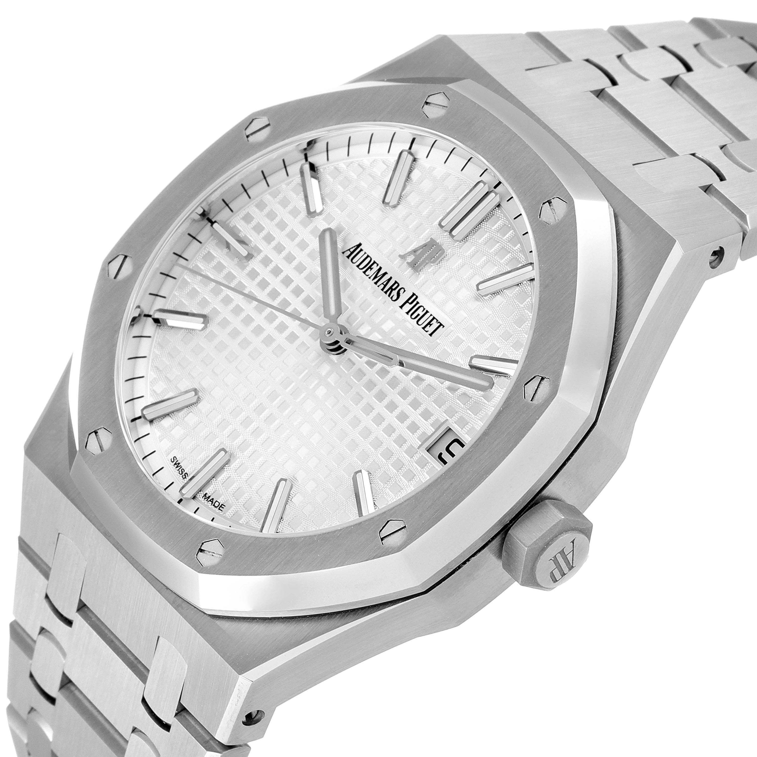 This image shows a close-up side angle of the Audemars Piguet Royal Oak 15500ST.OO.1220ST.04 Men's Stainless Steel Silver Dial 15500ST.OO.1220ST.04 Men's Stainless Steel Silver Dial watch, featuring the dial, bezel, crown, and bracelet.