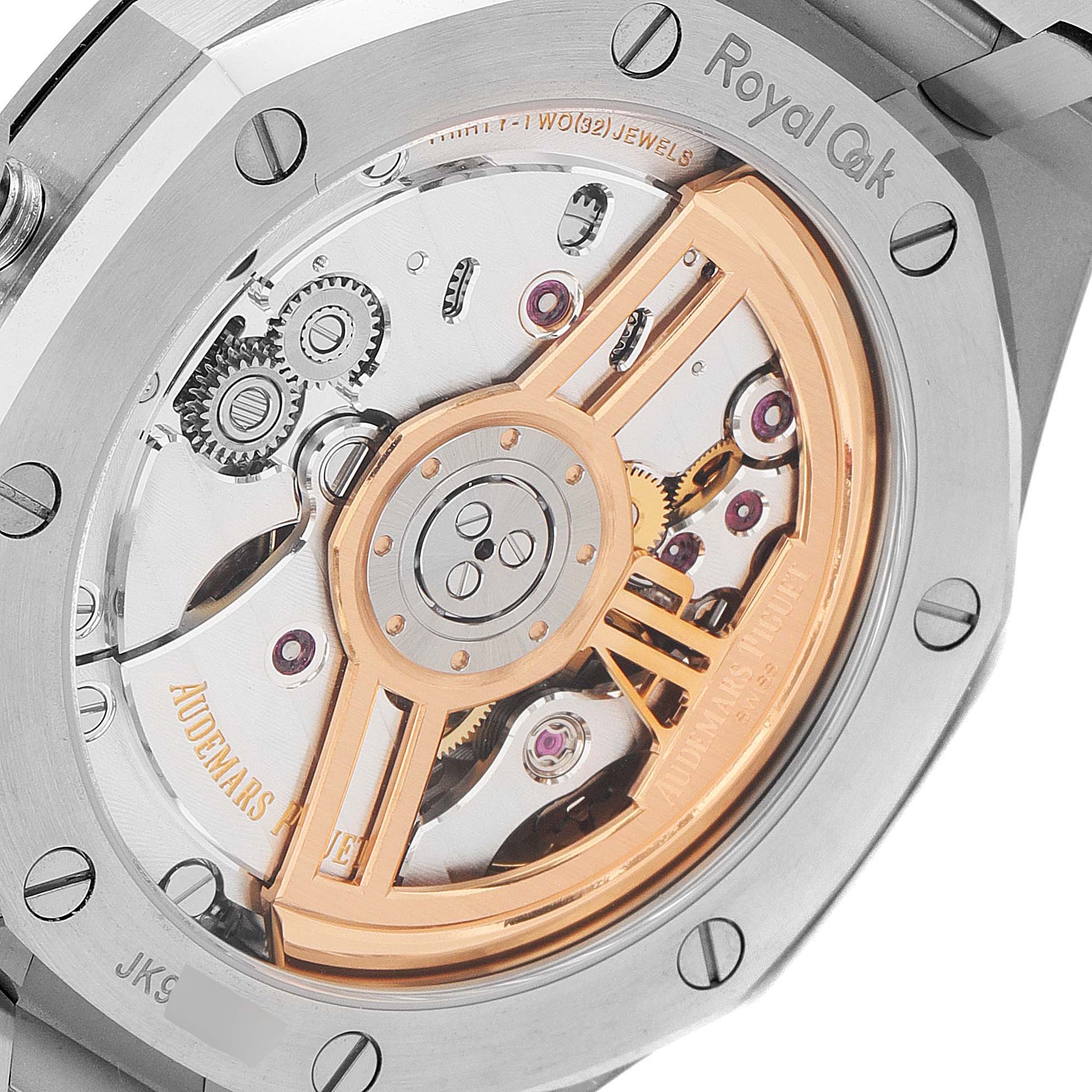 The image shows the back view of the Audemars Piguet Royal Oak 15500ST.OO.1220ST.04 Men's Stainless Steel Silver Dial 15500ST.OO.1220ST.04 Men's Stainless Steel Silver Dial watch, highlighting its inner mechanical components.