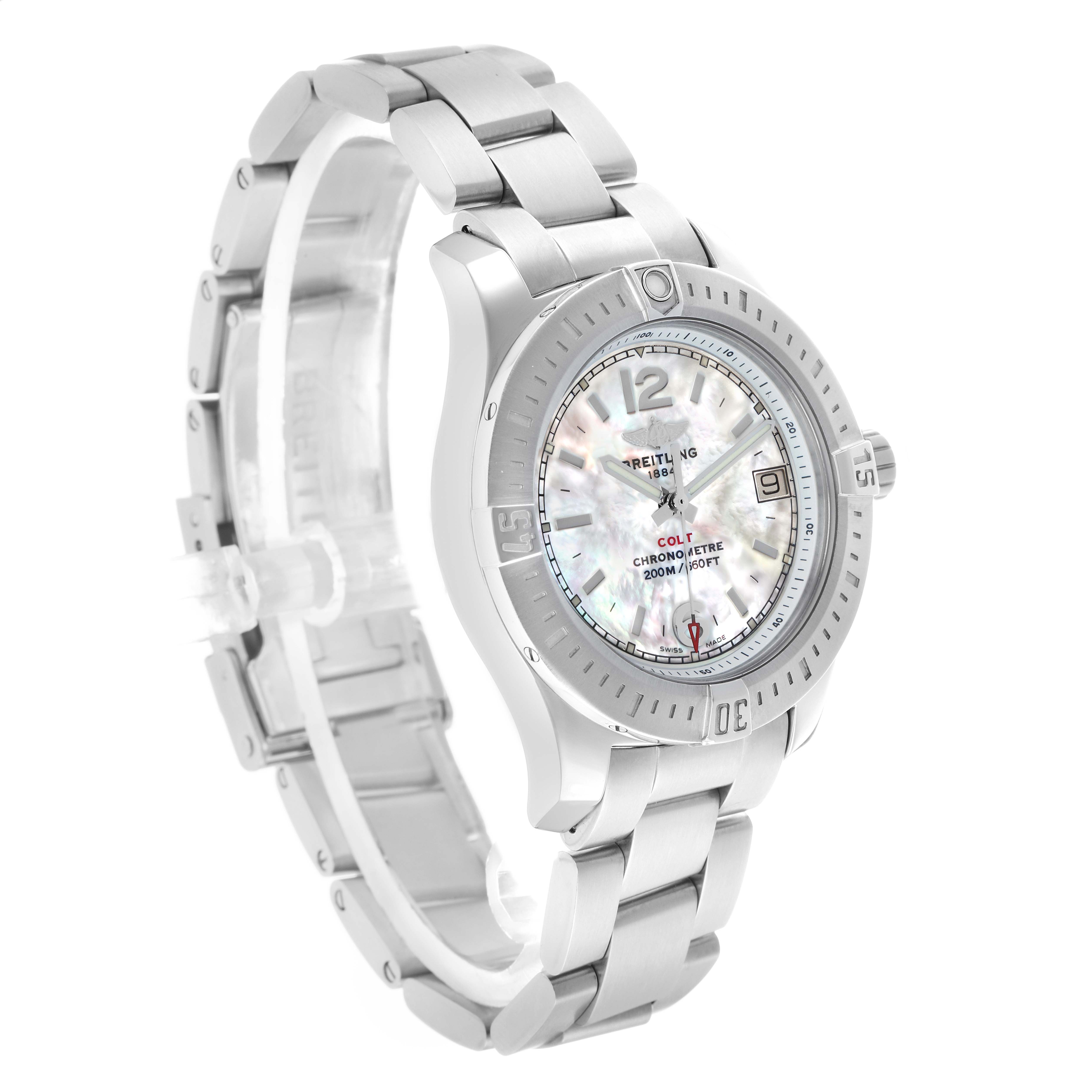 The Breitling A77388 Women's Stainless Steel Mother of Pearl Dial Colt Lady Steel A77388 is shown from an angled side view, highlighting the mother of pearl dial and metallic band.