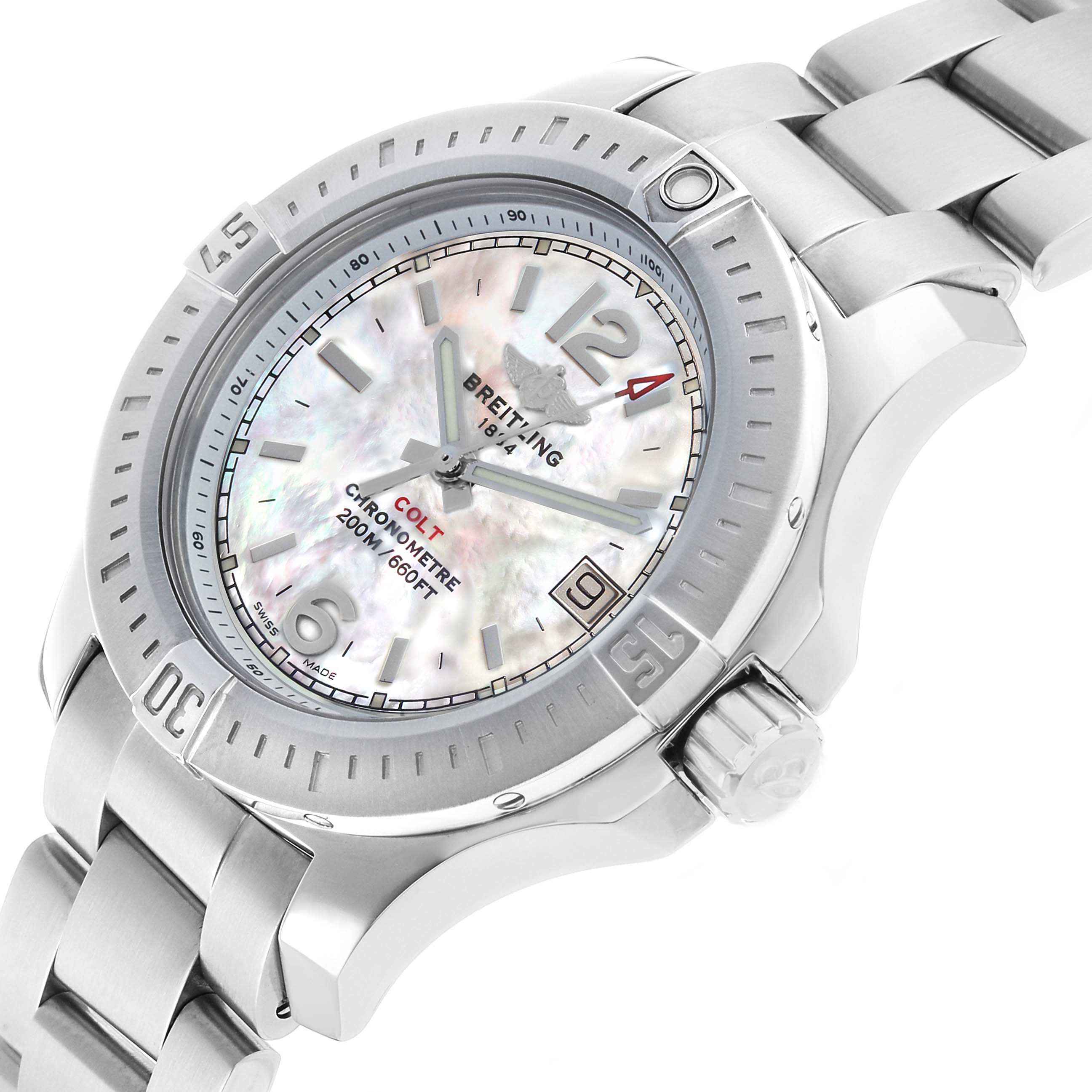 The Breitling A77388 Women's Stainless Steel Mother of Pearl Dial Colt Lady Steel Mother Of Pearl Dial Ladies Watch A77388 is shown at a slight angle focusing on the dial and bezel.
