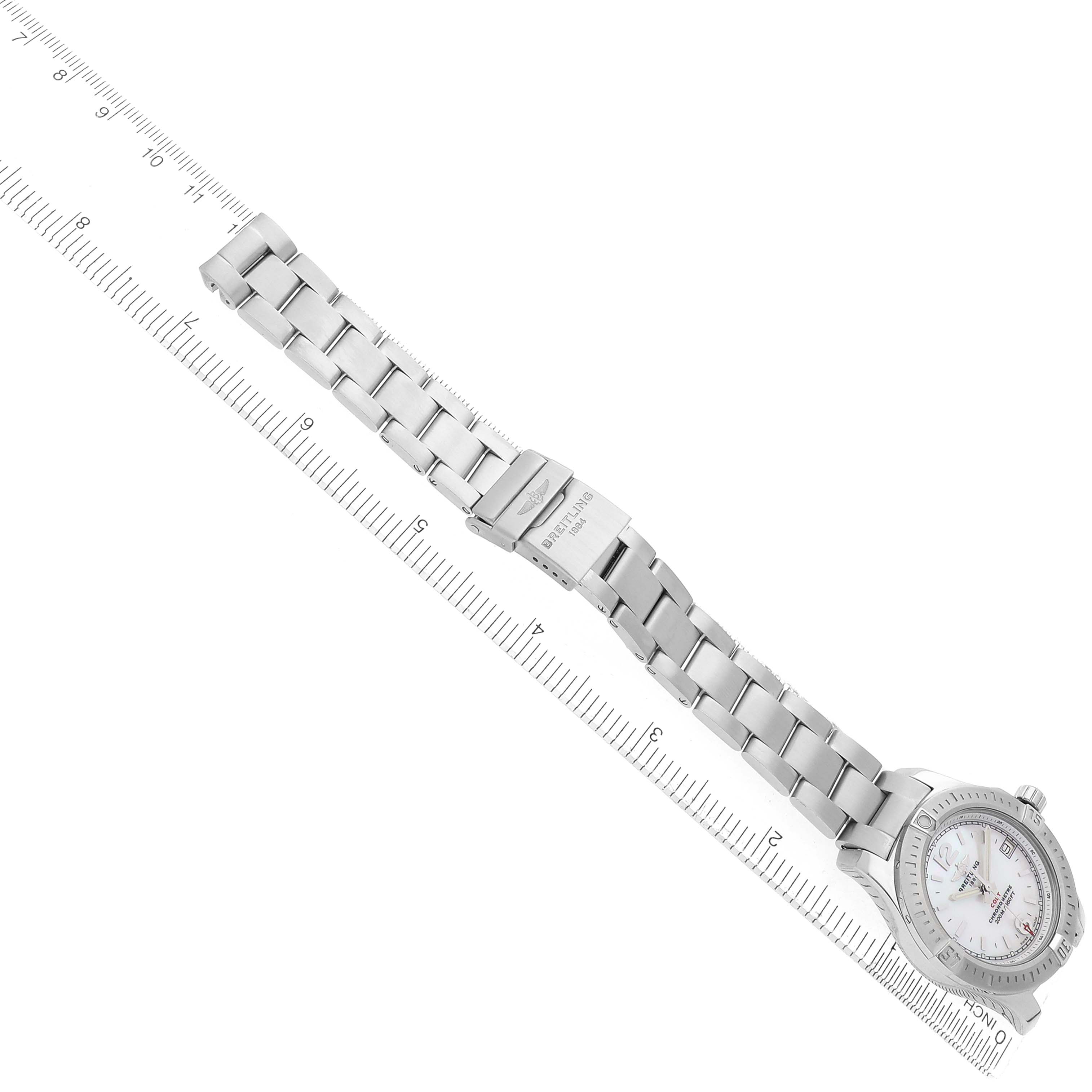 The Breitling A77388 Women's Stainless Steel Mother of Pearl Dial Colt Lady Steel Mother Of Pearl Dial Ladies Watch A77388 is shown at a top-down angle, highlighting the bracelet and clasp.