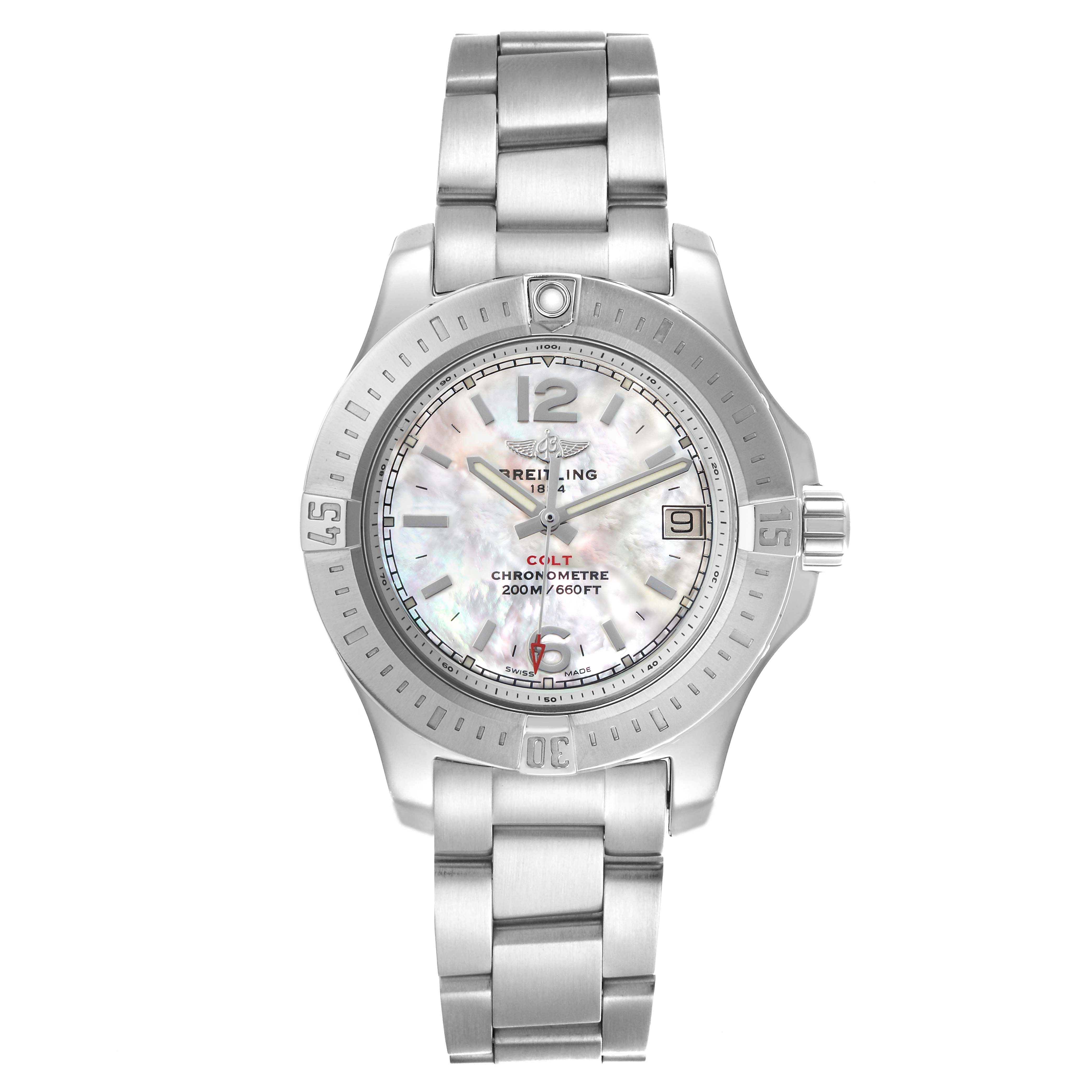 The Breitling A77388 Women's Stainless Steel Mother of Pearl Dial Colt Lady Steel is shown from a front angle, highlighting its mother of pearl dial and stainless steel bracelet.