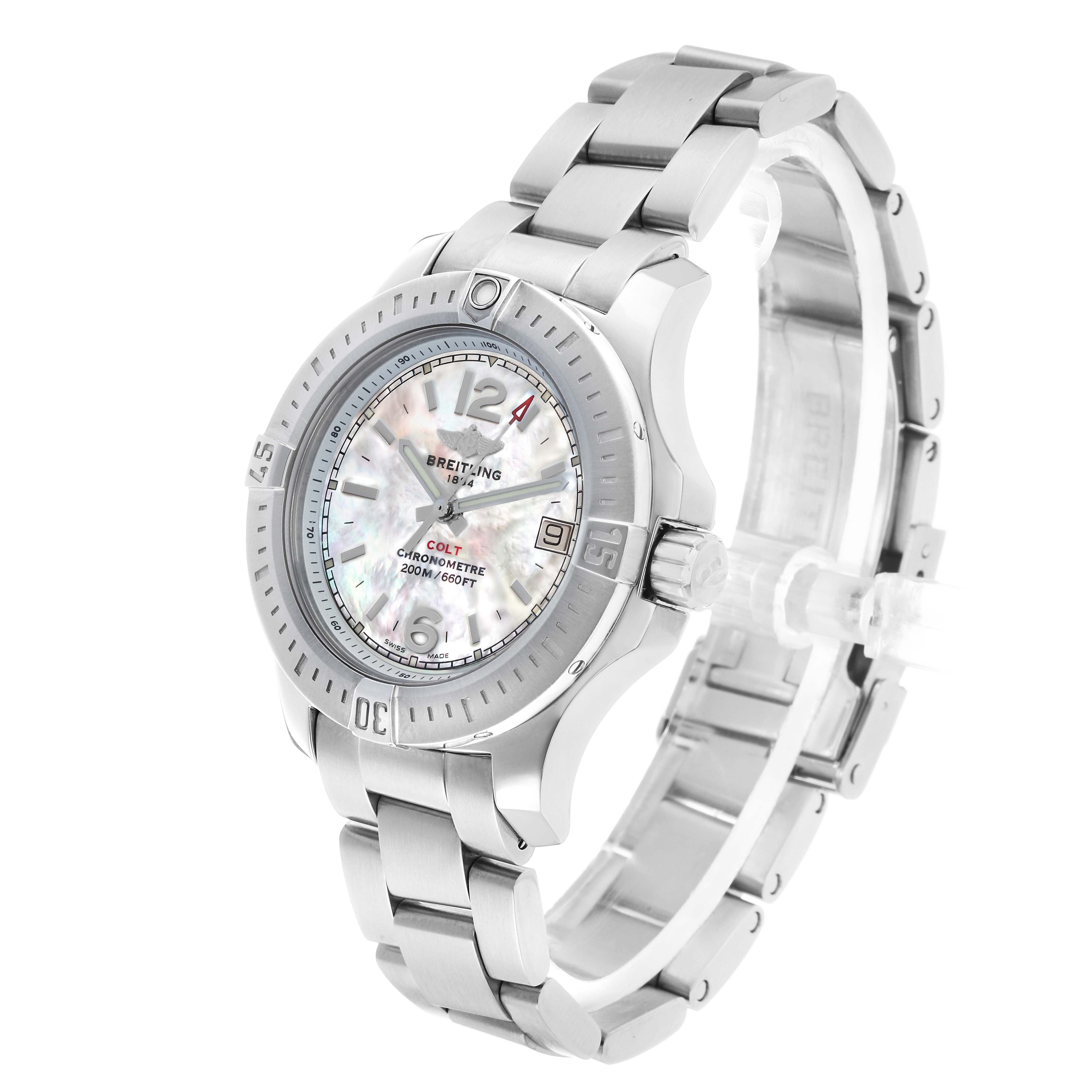 The Breitling A77388 Women's Stainless Steel Mother of Pearl Dial Colt Lady Steel Mother Of Pearl Dial Ladies Watch A77388 is shown at a slight angle, highlighting the face, bezel, and bracelet.