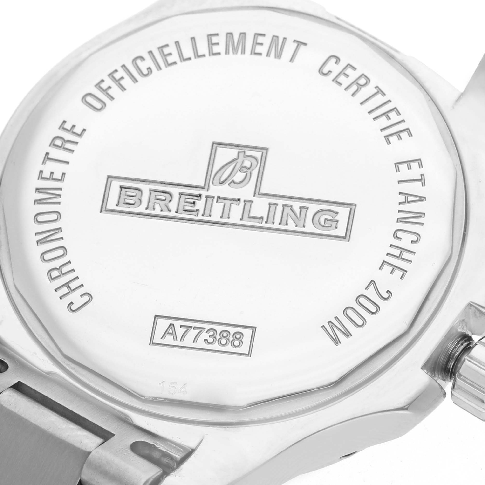 The image shows the back case of the Breitling A77388 Women's Stainless Steel Mother of Pearl Dial Colt Lady Steel Mother Of Pearl Dial Ladies Watch A77388.