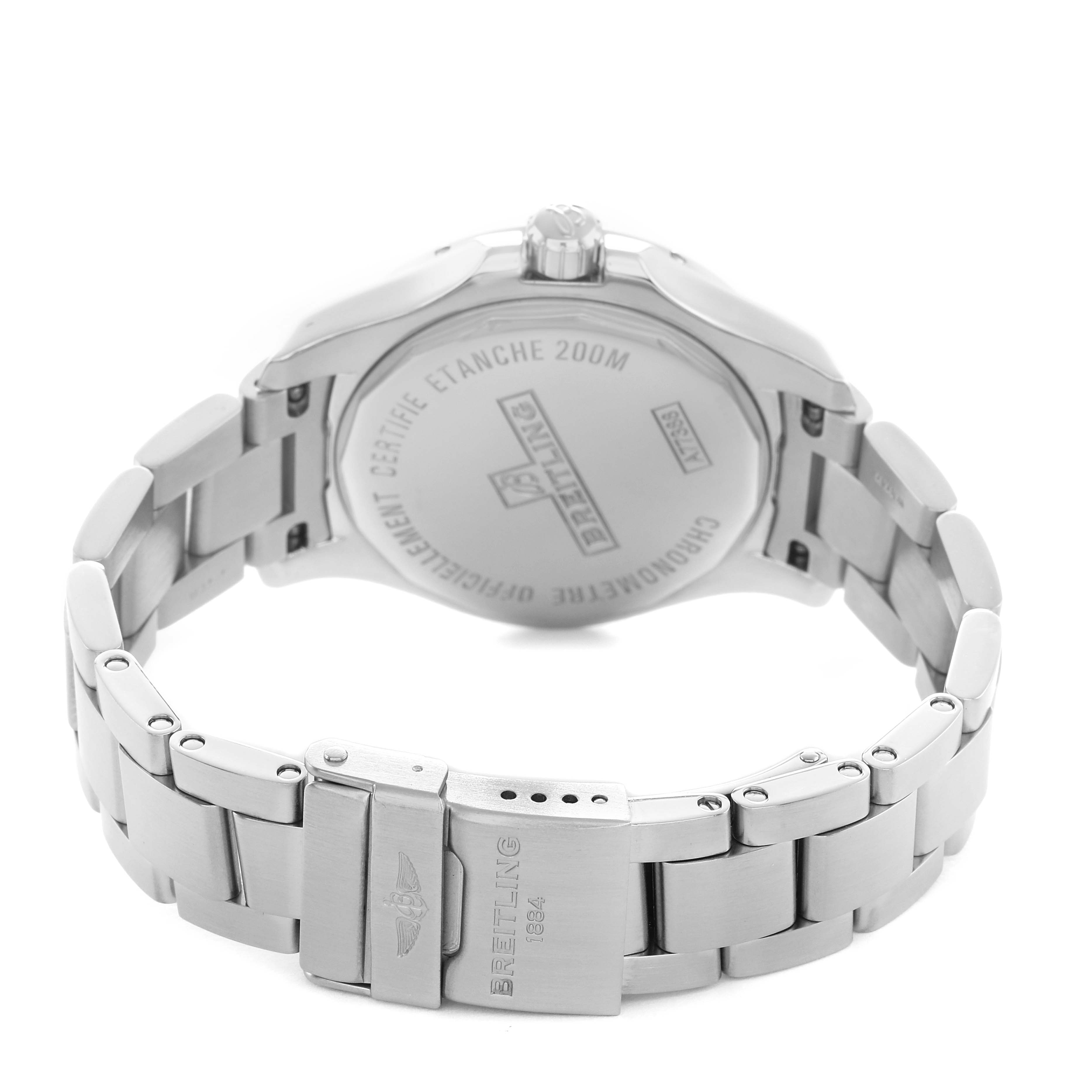 The image shows the back and bracelet of the Breitling A77388 Women's Stainless Steel Mother of Pearl Dial Colt Lady Steel A77388 watch, highlighting the clasp and engraved case back.