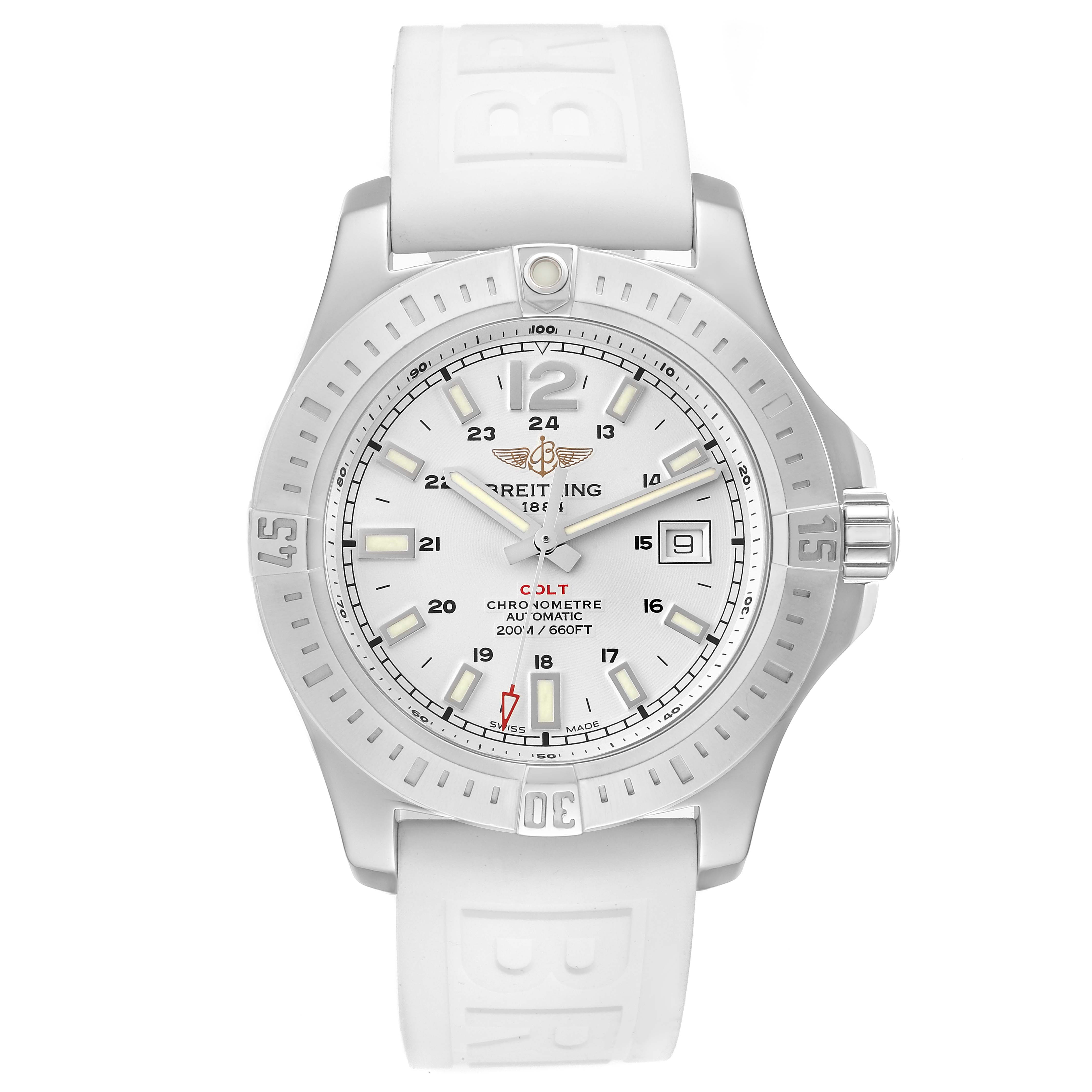 This image shows a front view of the Breitling Colt A1738811/G791 Men
s Stainless Steel Silver Dial A1738811/G791 Men
s Stainless Steel Silver Dial watch, featuring its dial, bezel, and rubber strap.