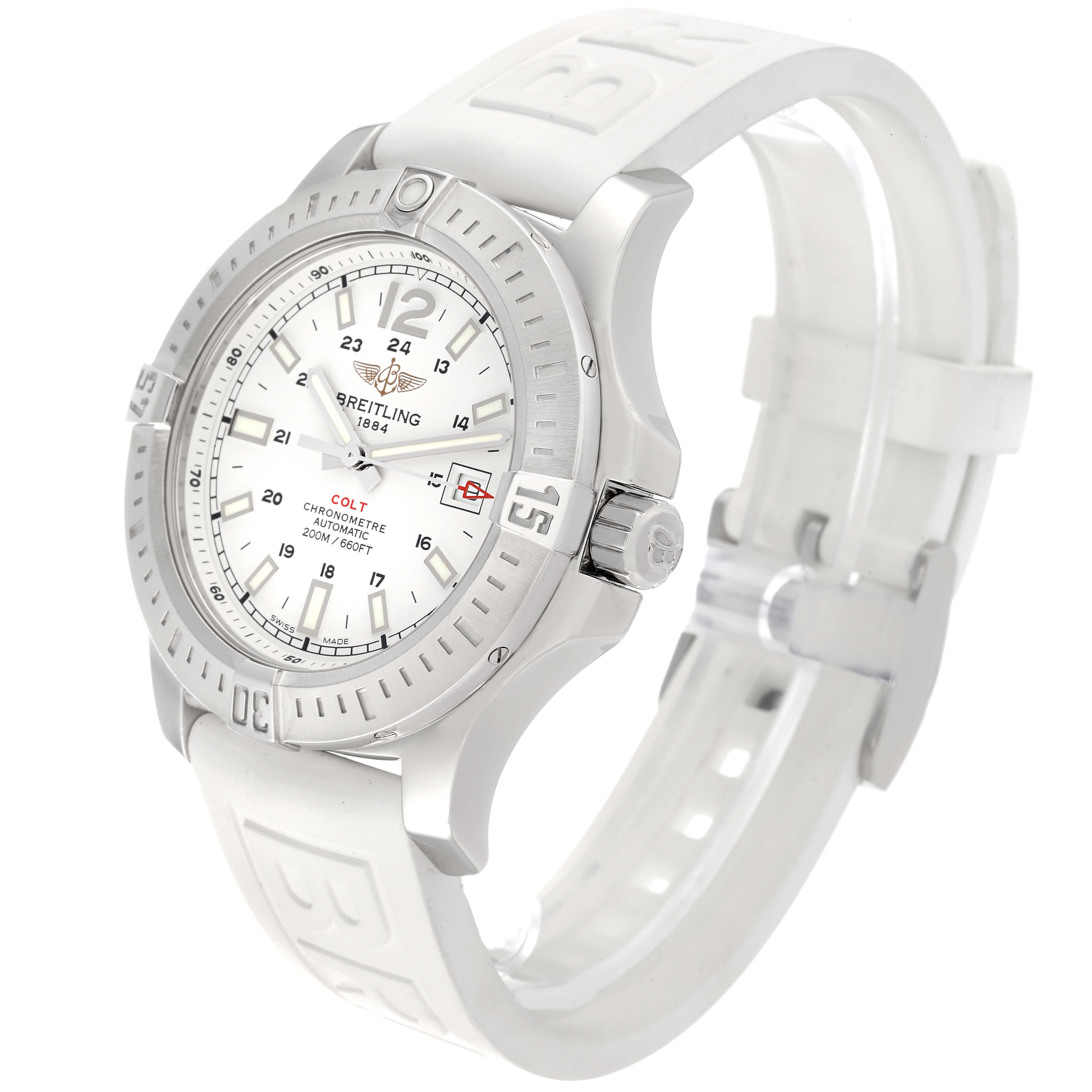 The Breitling Colt A1738811/G791 Men
s Stainless Steel Silver Dial A1738811/G791 Men
s Stainless Steel Silver Dial watch image shows a side and angled front view, revealing the dial, bezel, case, and part of the strap.