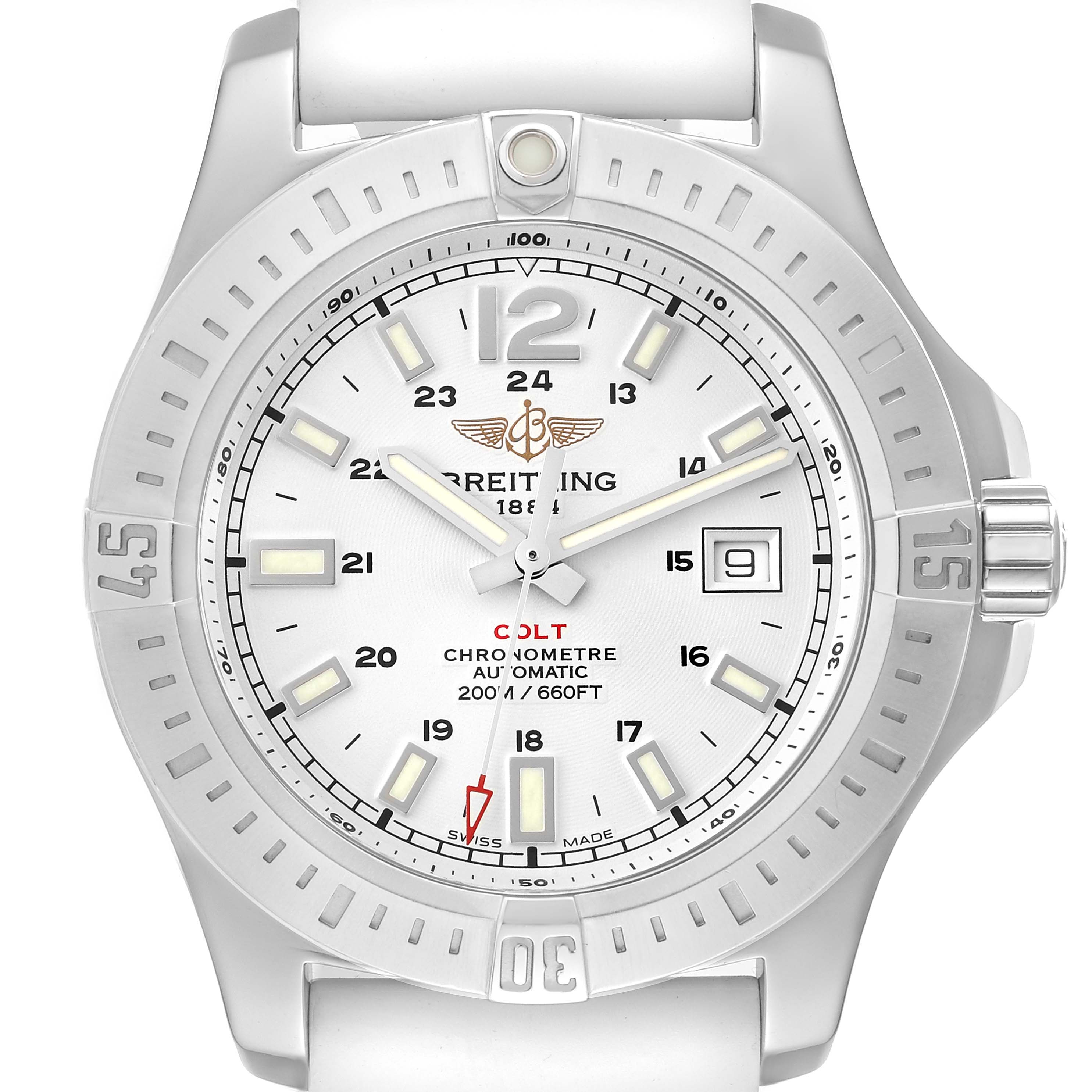 The front view of the Breitling Colt A1738811/G791 Men
s Stainless Steel Silver Dial A1738811/G791 Men
s Stainless Steel Silver Dial watch shows the dial, bezel, hands, and crown.