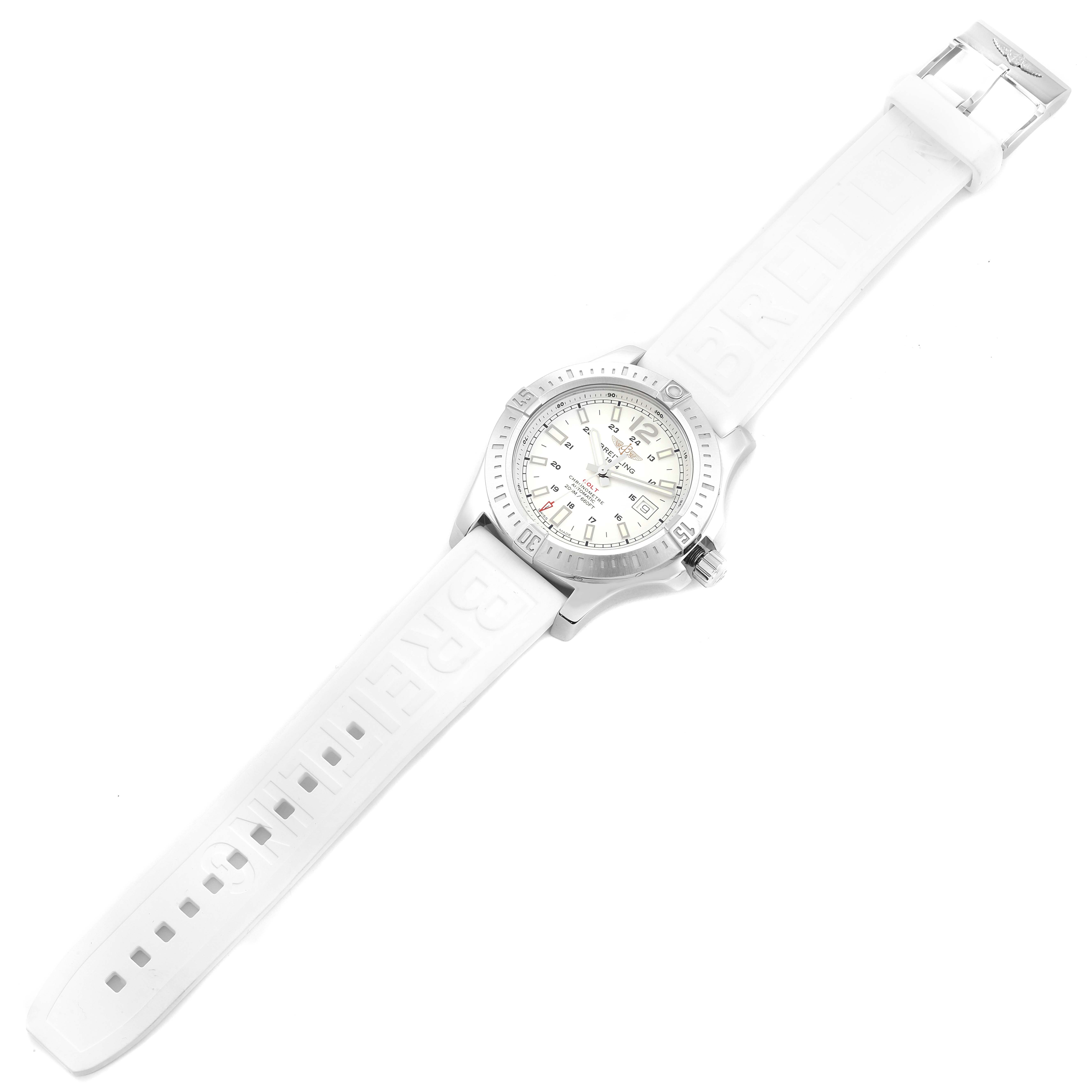 The image shows a Breitling Colt A1738811/G791 Men
s Stainless Steel Silver Dial A1738811/G791 Men
s Stainless Steel Silver Dial watch with a white strap and silver dial, viewed from above.