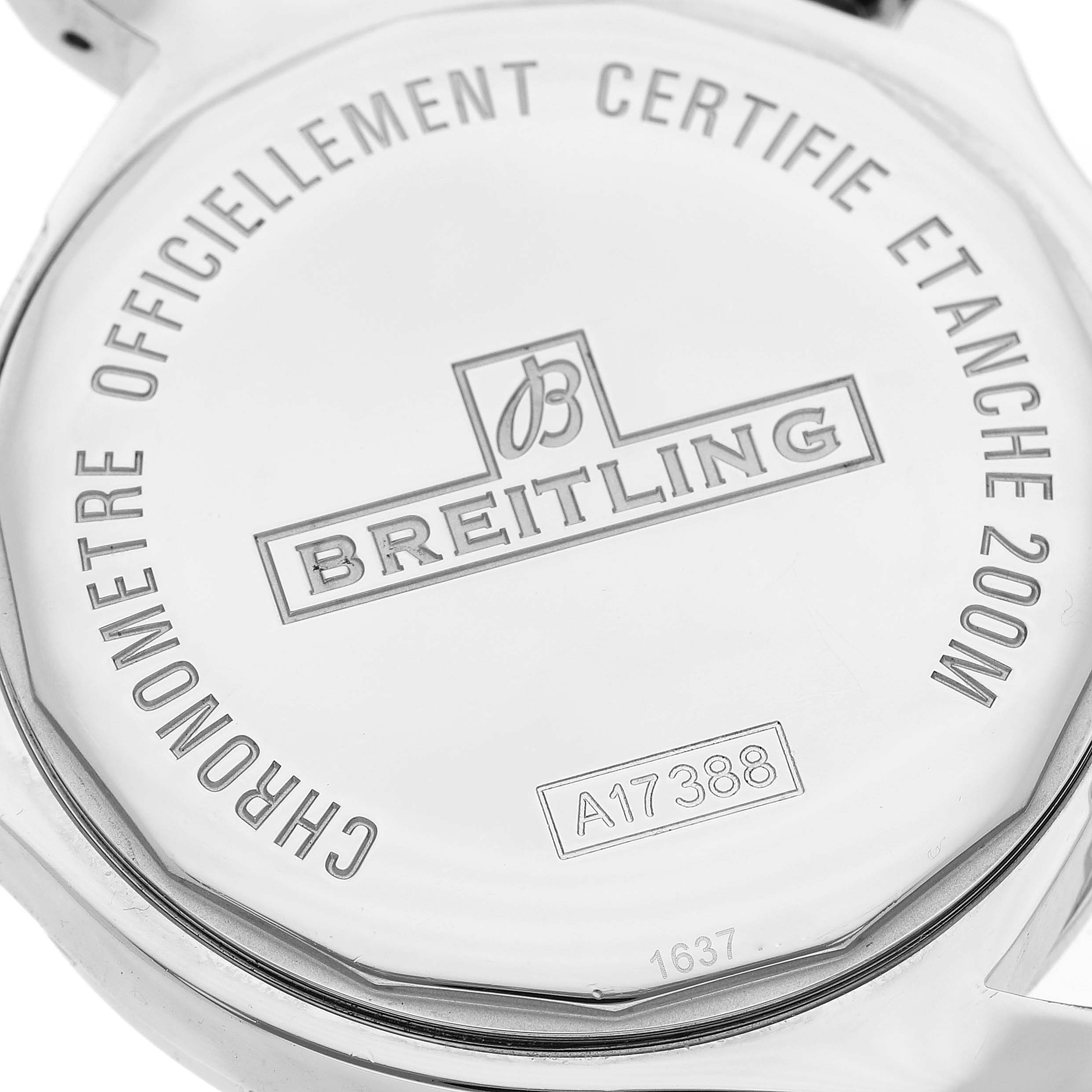 The image shows the back case of the Breitling Colt A1738811/G791 Men
s Stainless Steel Silver Dial A1738811/G791 Men
s Stainless Steel Silver Dial watch model, highlighting its engravings and water resistance.