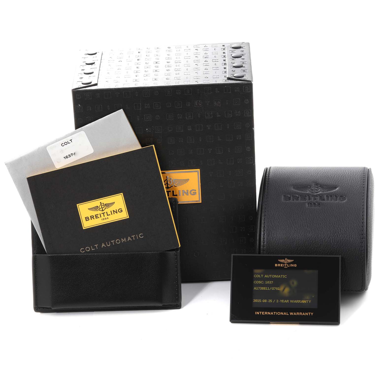 The image shows the packaging, manuals, and warranty card for the Breitling Colt A1738811/G791 Men
s Stainless Steel Silver Dial A1738811/G791 Men
s Stainless Steel Silver Dial Automatic watch.