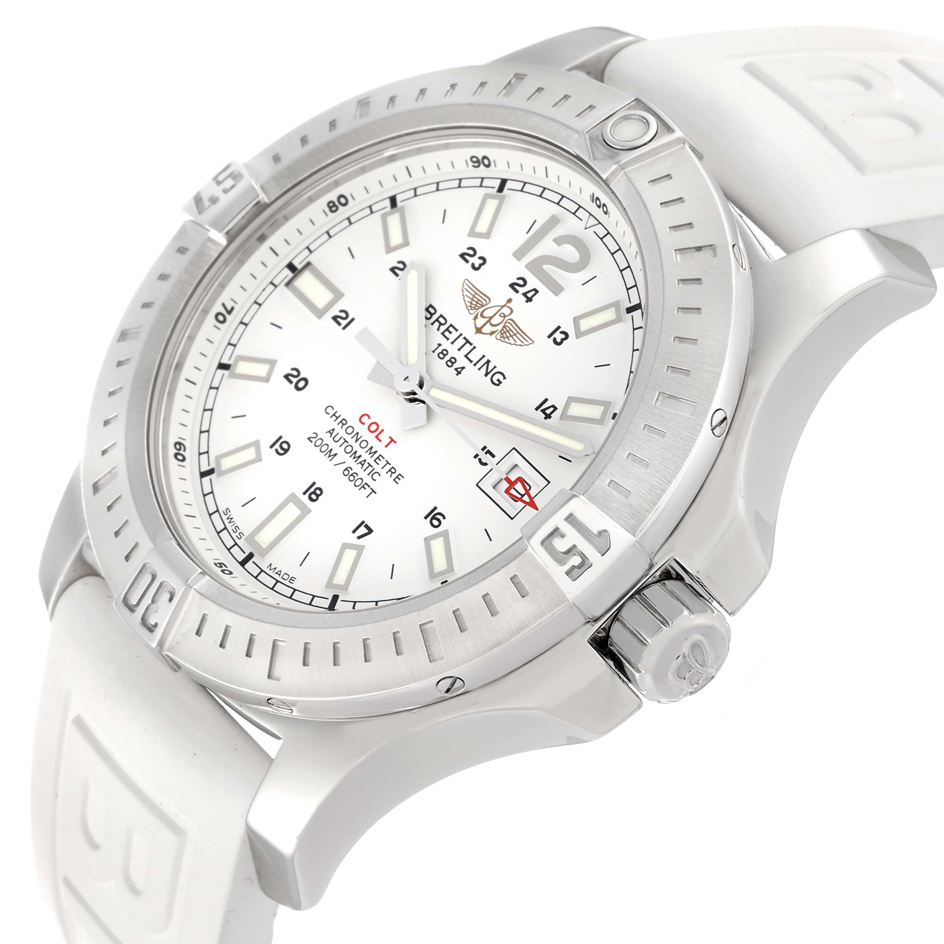 The image shows the Breitling Colt A1738811/G791 Men
s Stainless Steel Silver Dial A1738811/G791 Men
s Stainless Steel Silver Dial watch from a slight side angle, highlighting the bezel, crown, dial, and part of the strap.