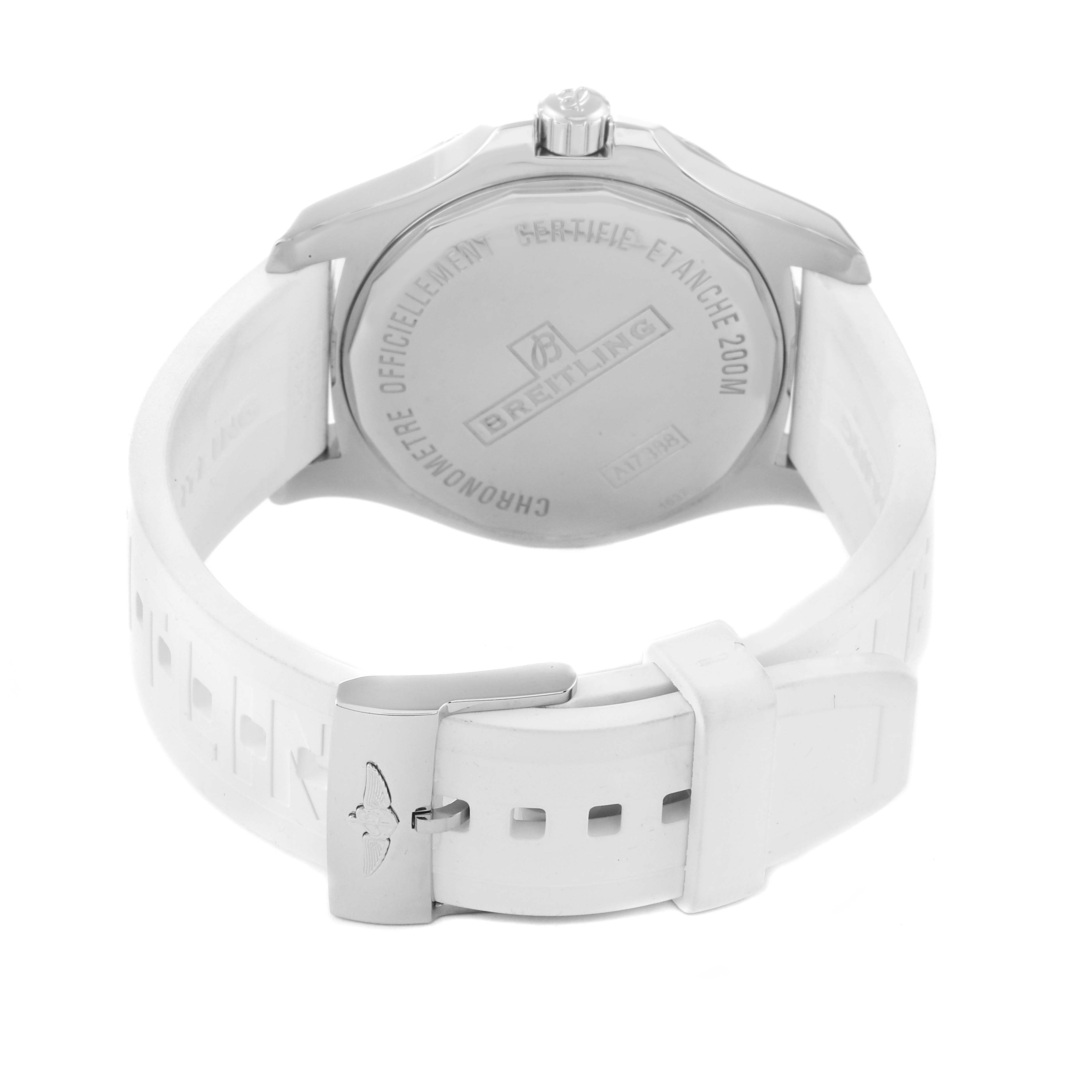 The image shows the back view of the Breitling Colt A1738811/G791 Men
s Stainless Steel Silver Dial A1738811/G791 Men
s Stainless Steel Silver Dial watch, highlighting its case back, crown, and white rubber strap with a buckle.