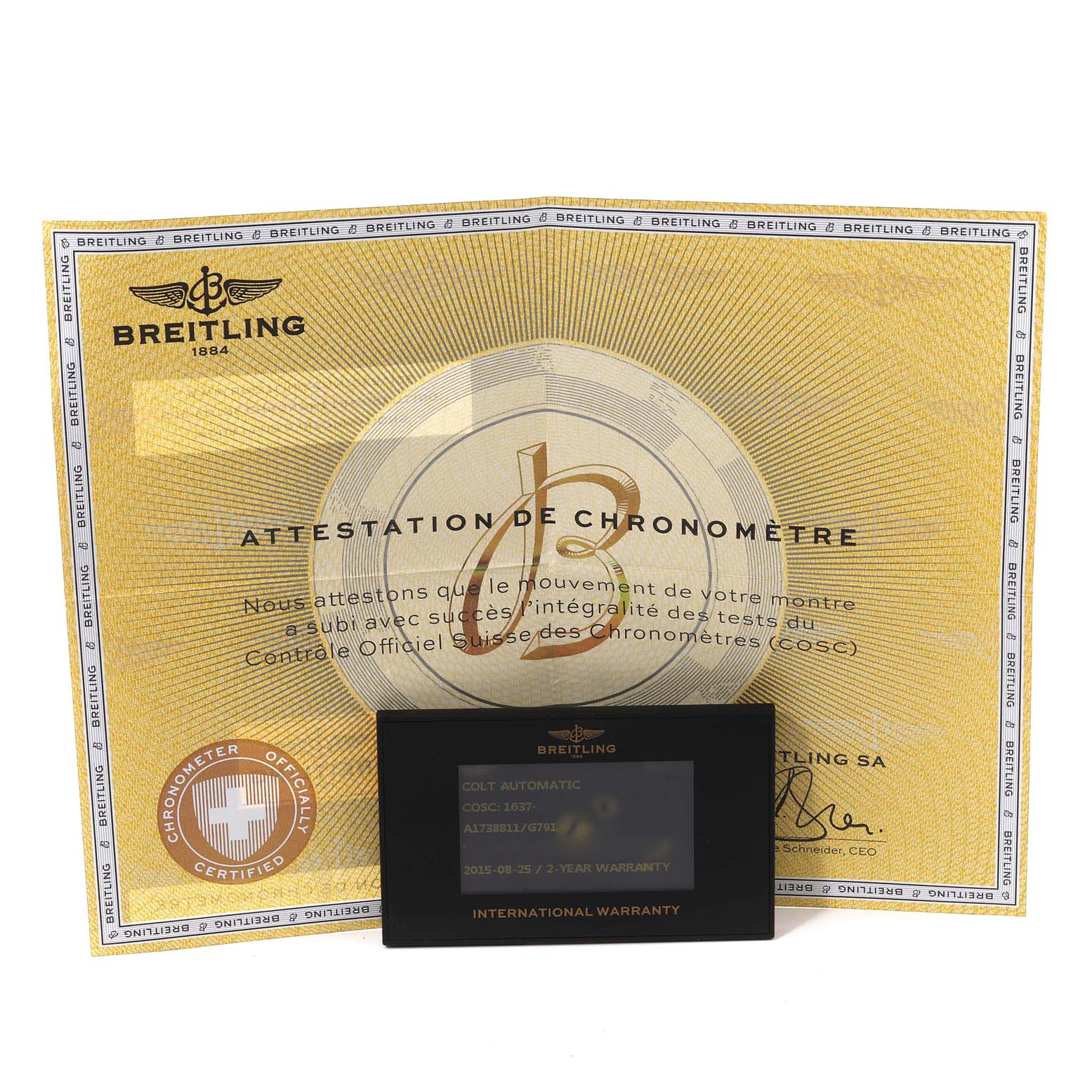 The image shows the warranty card and certification papers for a Breitling Colt A1738811/G791 Men
s Stainless Steel Silver Dial A1738811/G791 Men
s Stainless Steel Silver Dial watch.