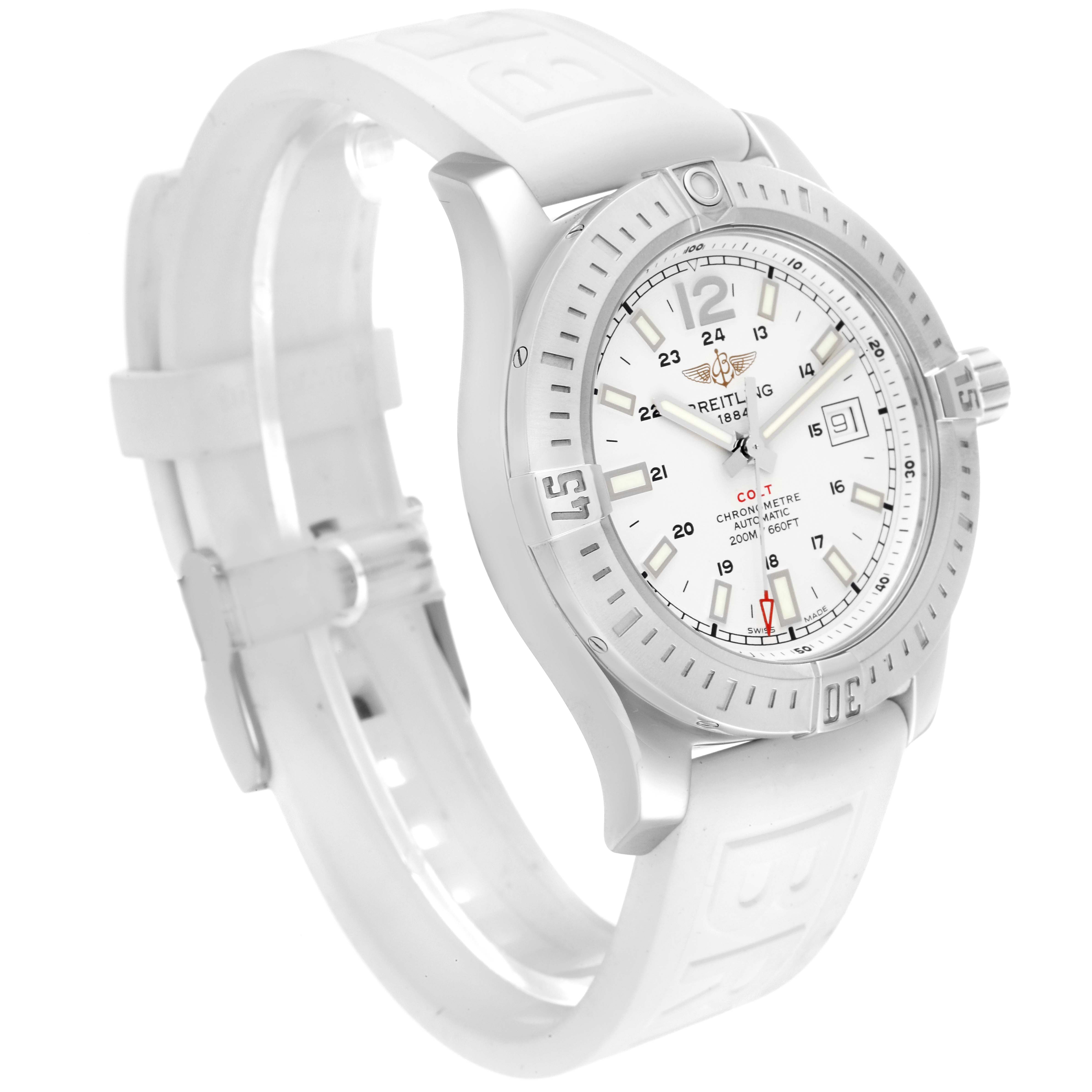 The Breitling Colt A1738811/G791 Men
s Stainless Steel Silver Dial A1738811/G791 Men
s Stainless Steel Silver Dial watch is shown at a three-quarter angle, highlighting its face, bezel, and white strap.