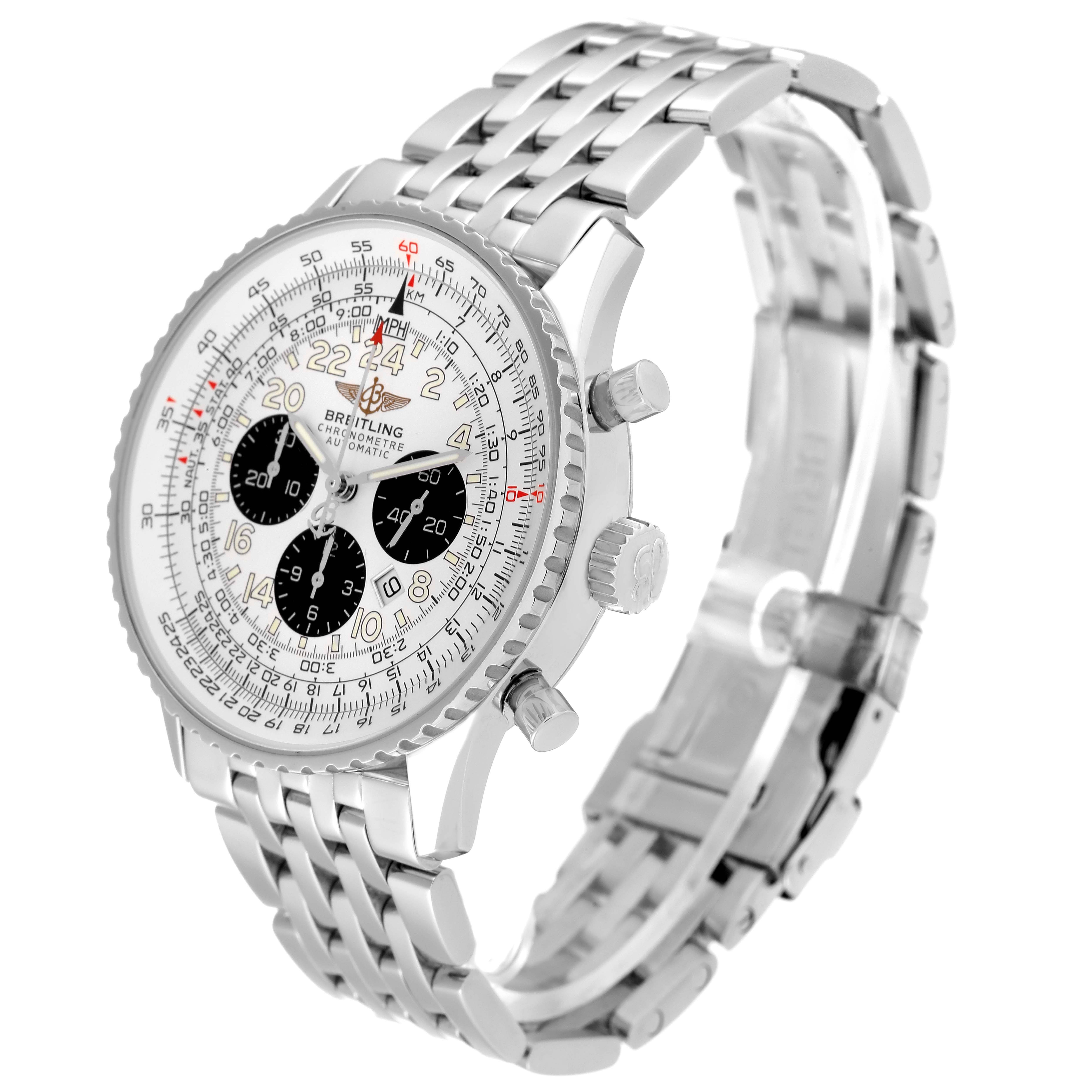 The image shows a Breitling Navitimer A22322 Men
s Stainless Steel White Dial A22322 Men
s Stainless Steel White Dial watch at a three-quarter angle, highlighting its dial, side buttons, and metal bracelet.