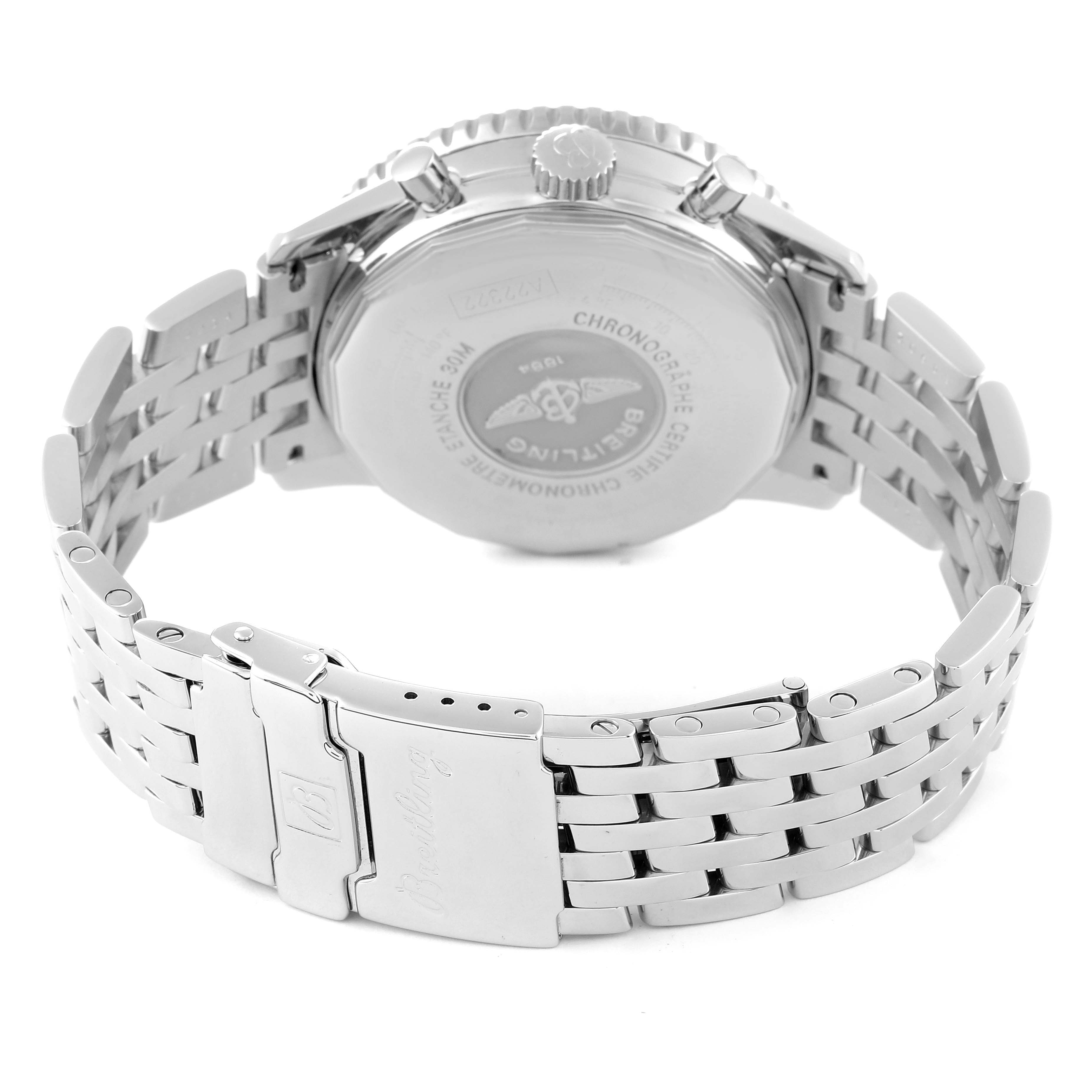 This image shows the backside and clasp of the Breitling Navitimer A22322 Men
s Stainless Steel White Dial A22322 Men
s Stainless Steel White Dial watch with a stainless steel bracelet.