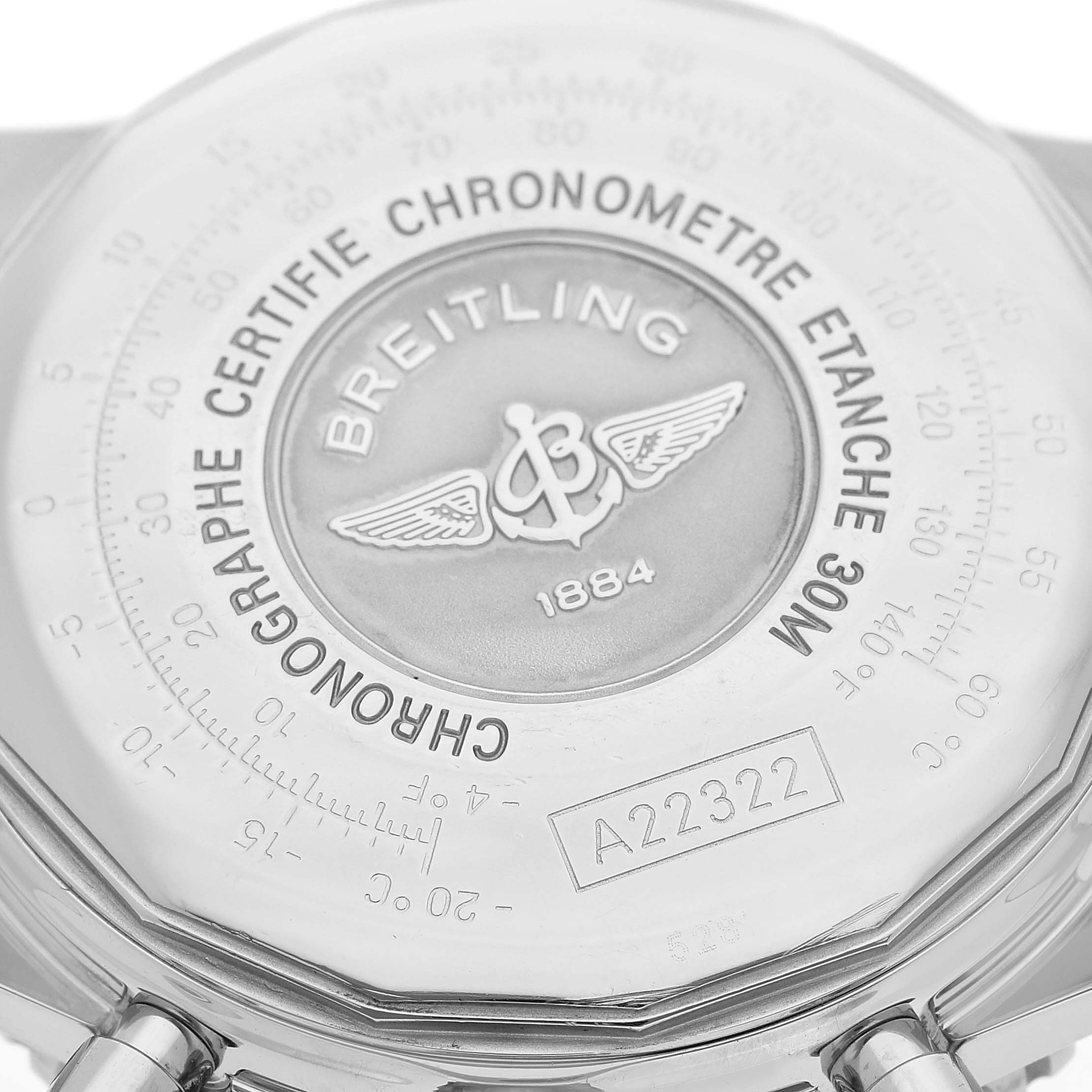 The image shows the back case of a Breitling Navitimer A22322 Men
s Stainless Steel White Dial A22322 Men
s Stainless Steel White Dial watch, highlighting the brand
s logo and model details.