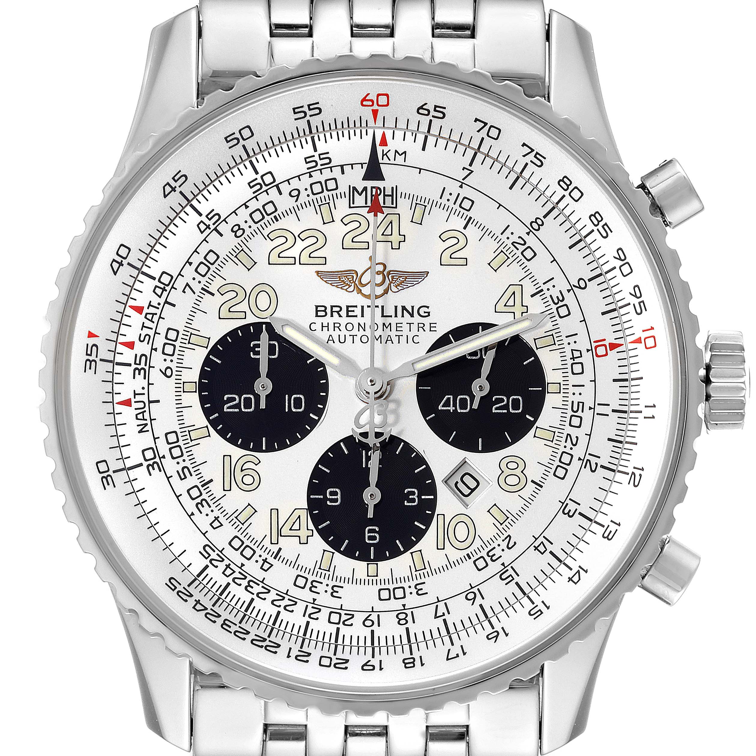 The image shows a close-up, front view of the Breitling Navitimer A22322 Men
s Stainless Steel White Dial A22322 Men
s Stainless Steel White Dial watch, displaying its dial and bezel details.