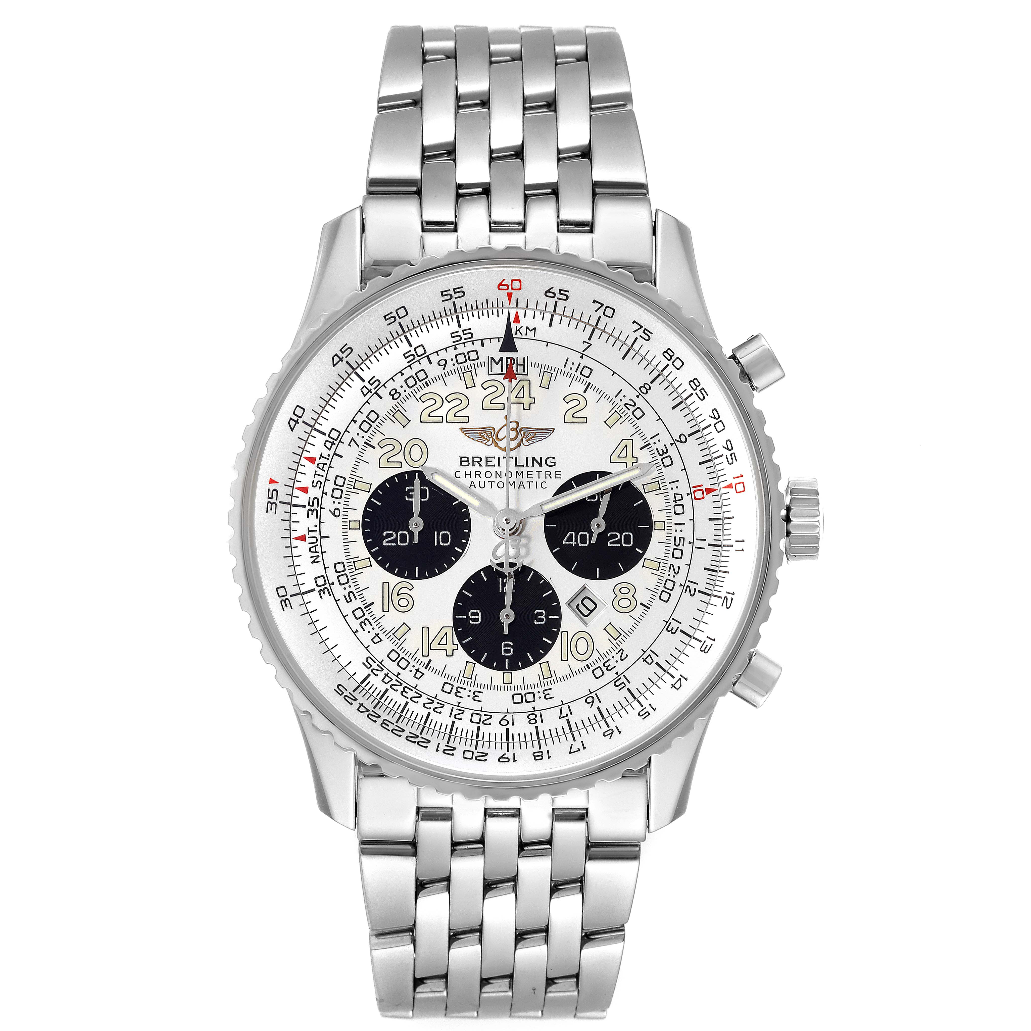 The image shows a front view of a Breitling Navitimer A22322 Men
s Stainless Steel White Dial A22322 Men
s Stainless Steel White Dial watch, displaying its face and metal bracelet.