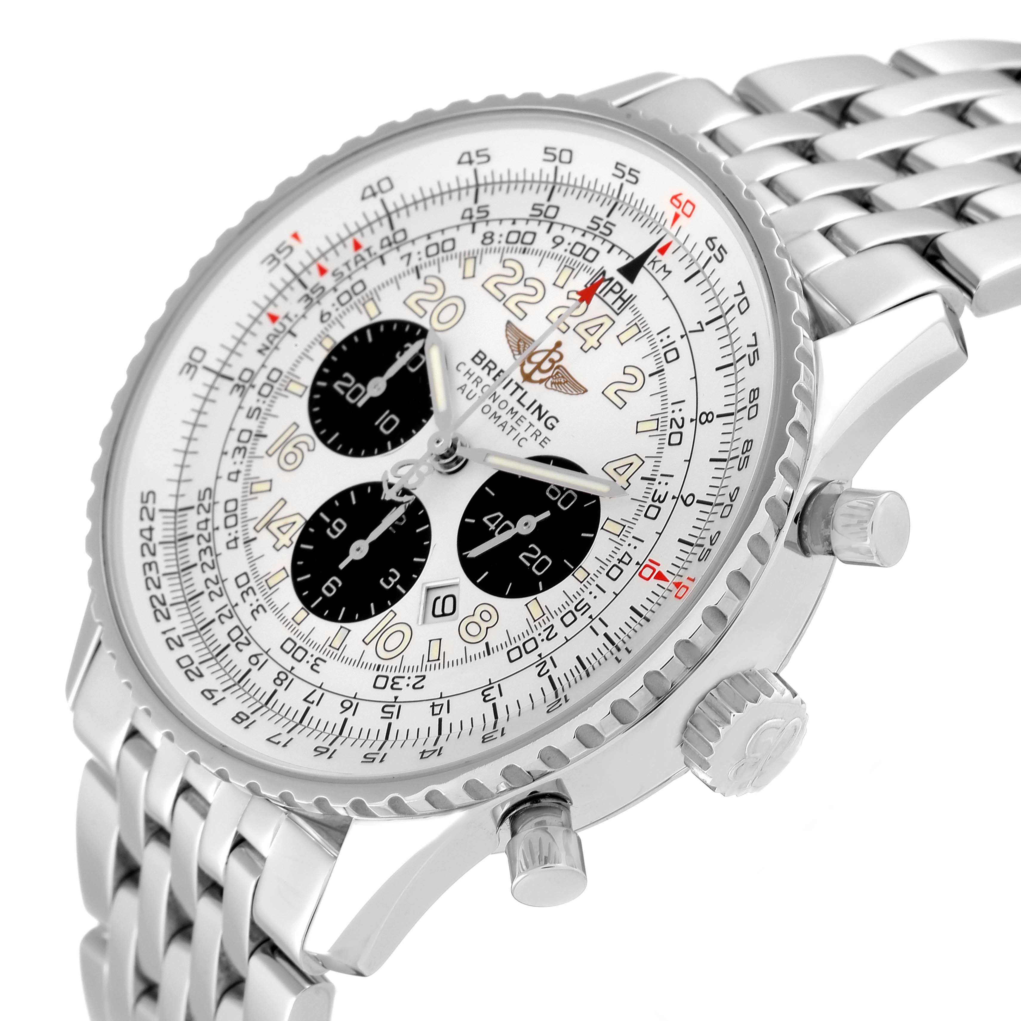 This Breitling Navitimer A22322 Men
s Stainless Steel White Dial A22322 Men
s Stainless Steel White Dial watch is shown at an angled close-up, highlighting the dial, crown, pushers, and bracelet.