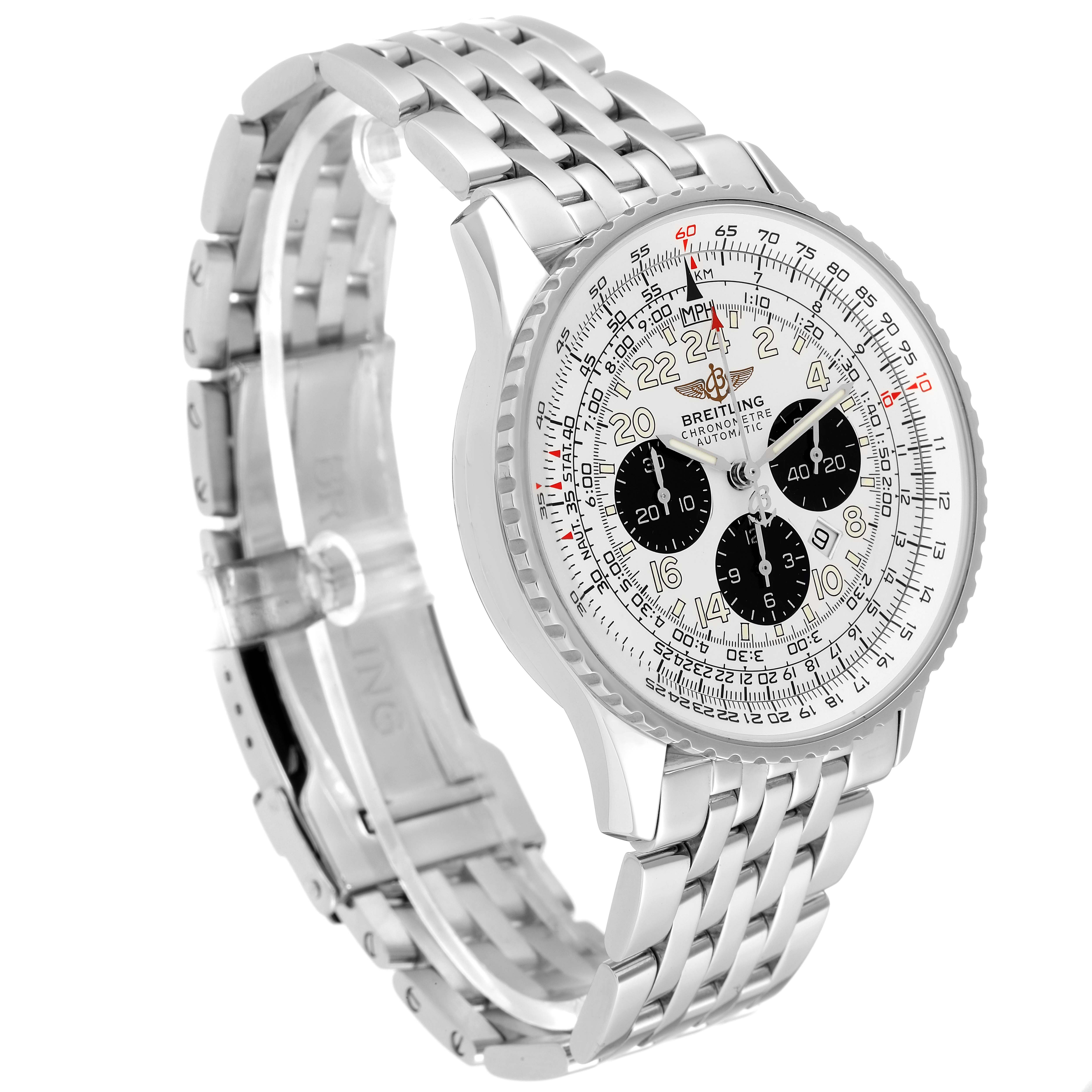 The Breitling Navitimer A22322 Men
s Stainless Steel White Dial A22322 Men
s Stainless Steel White Dial watch is shown at an angled front view, displaying the face, bezel, and part of the metal bracelet.