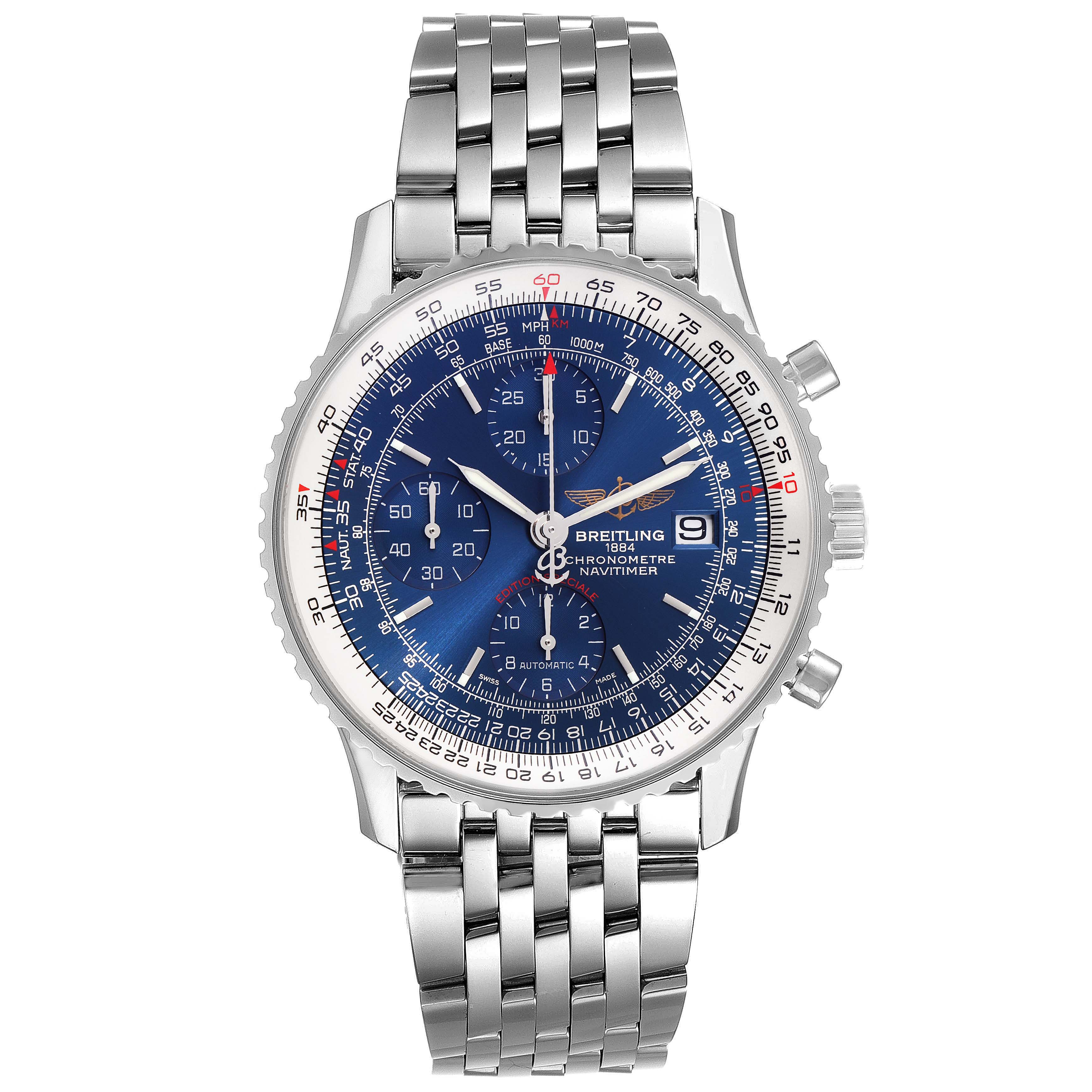The image shows a front view of a Breitling Navitimer A13324 Men's Stainless Steel Blue Dial A13324 Men's Stainless Steel Blue Dial watch, highlighting its blue dial, bezel, chronograph, date window, and stainless steel bracelet.