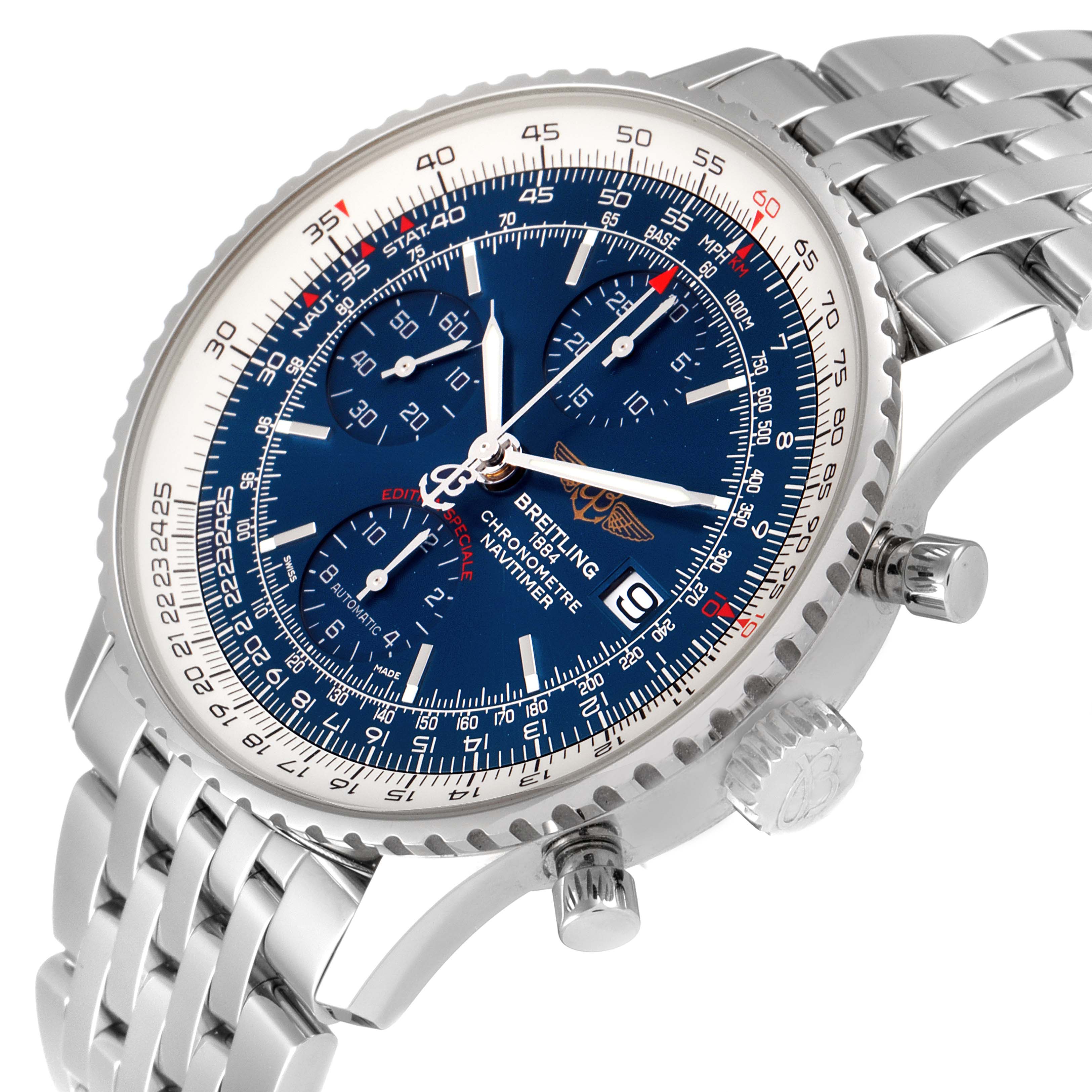 This image shows the face and side buttons of a Breitling Navitimer A13324 Men's Stainless Steel Blue Dial A13324 Men's Stainless Steel Blue Dial watch at a slight angle.