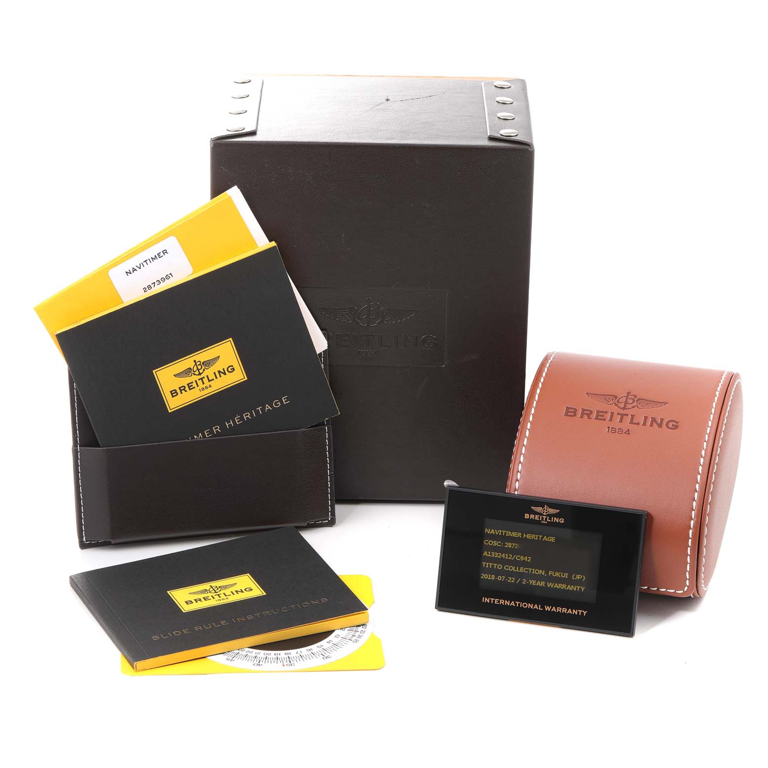 The image shows the packaging, manuals, warranty card, and a leather pouch for the Breitling Navitimer A13324 Men's Stainless Steel Blue Dial A13324 Men's Stainless Steel Blue Dial watch model.