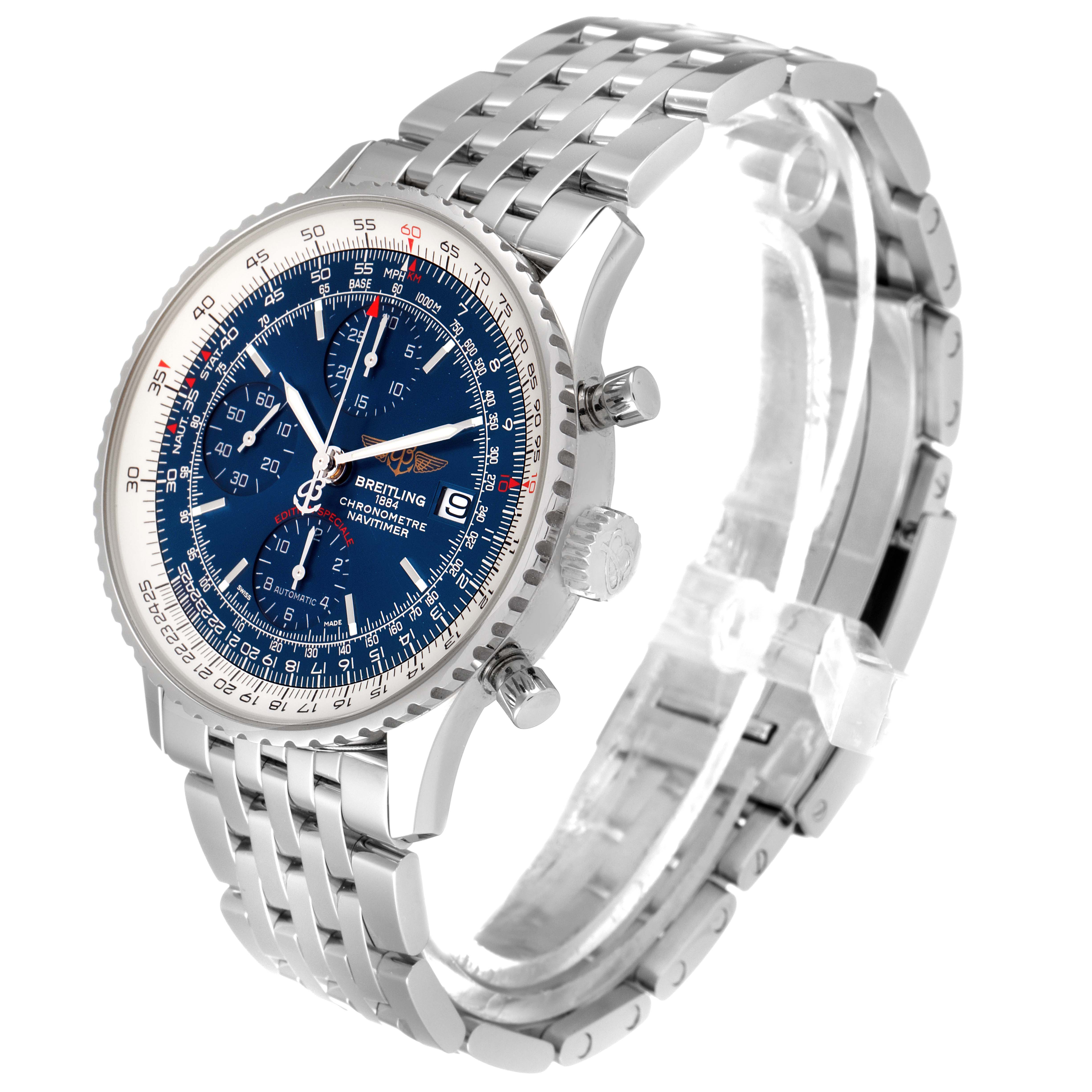 The image shows a Breitling Navitimer A13324 Men's Stainless Steel Blue Dial A13324 Men's Stainless Steel Blue Dial watch angled to display the face, right-side controls, and metal bracelet.
