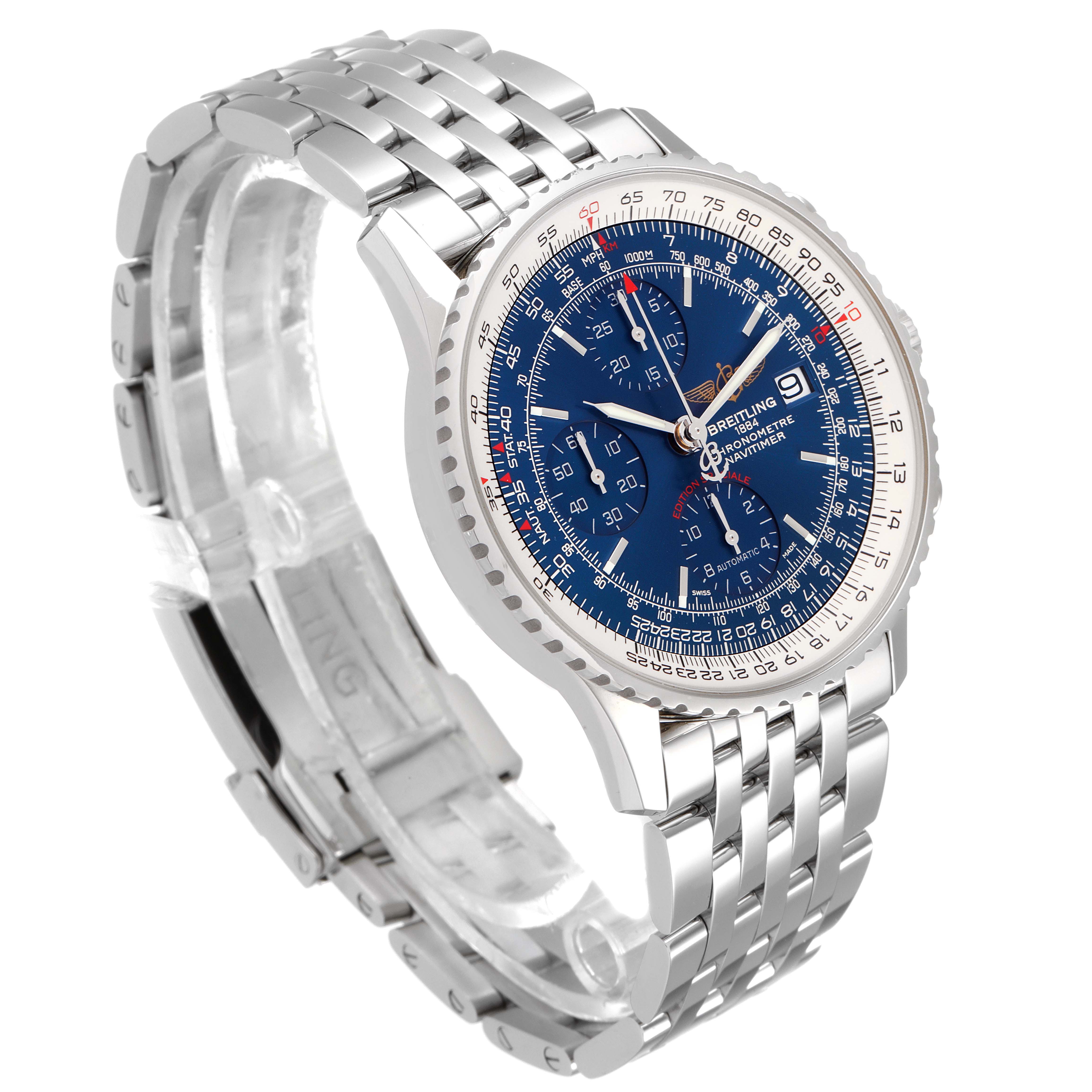 The image displays a Breitling Navitimer A13324 Men's Stainless Steel Blue Dial A13324 Men's Stainless Steel Blue Dial watch from an angled side view, showcasing its stainless steel bracelet, blue dial, and bezel.