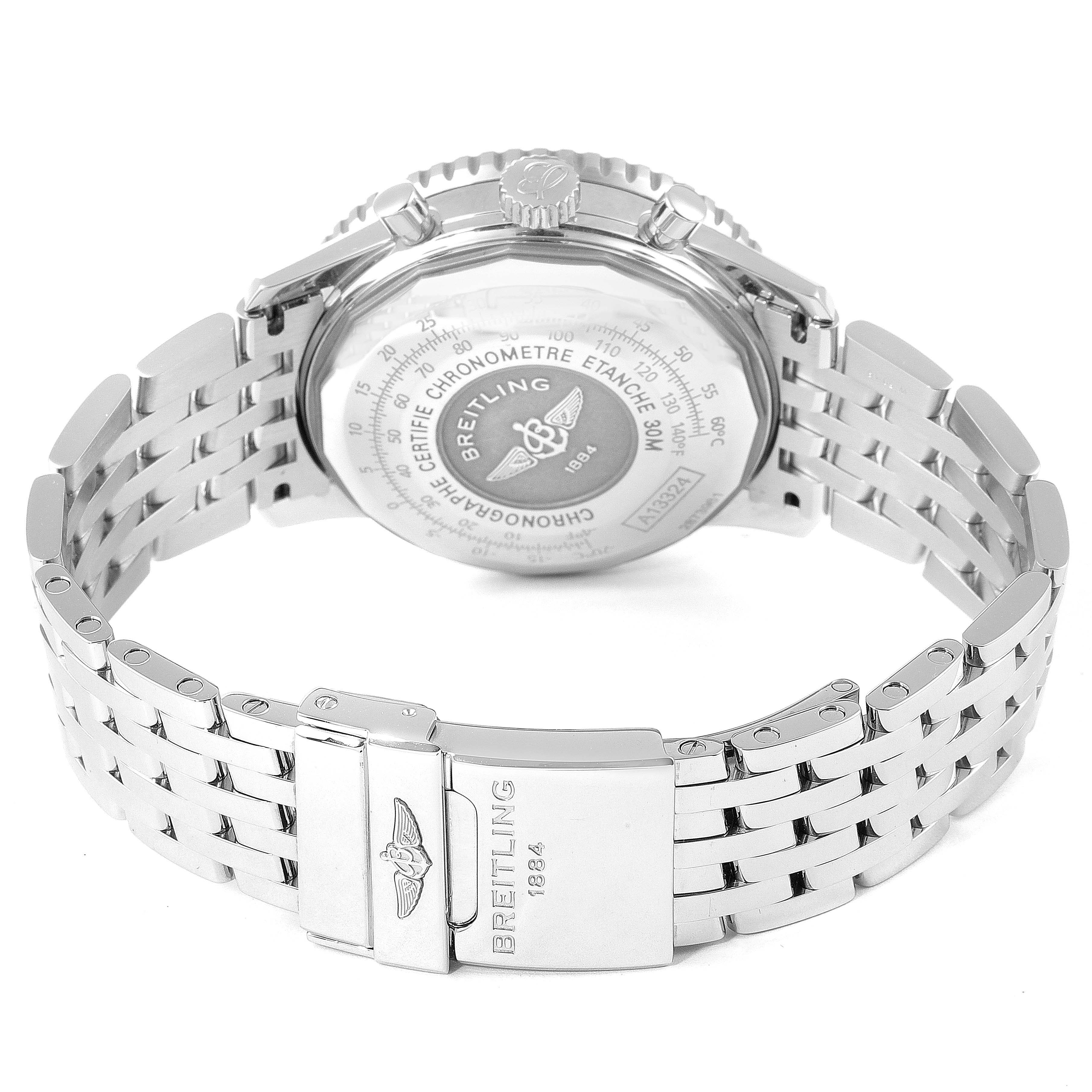 The image shows the back and bracelet of the Breitling Navitimer A13324 Men's Stainless Steel Blue Dial A13324 Men's Stainless Steel Blue Dial watch, focusing on the case back and the clasp.