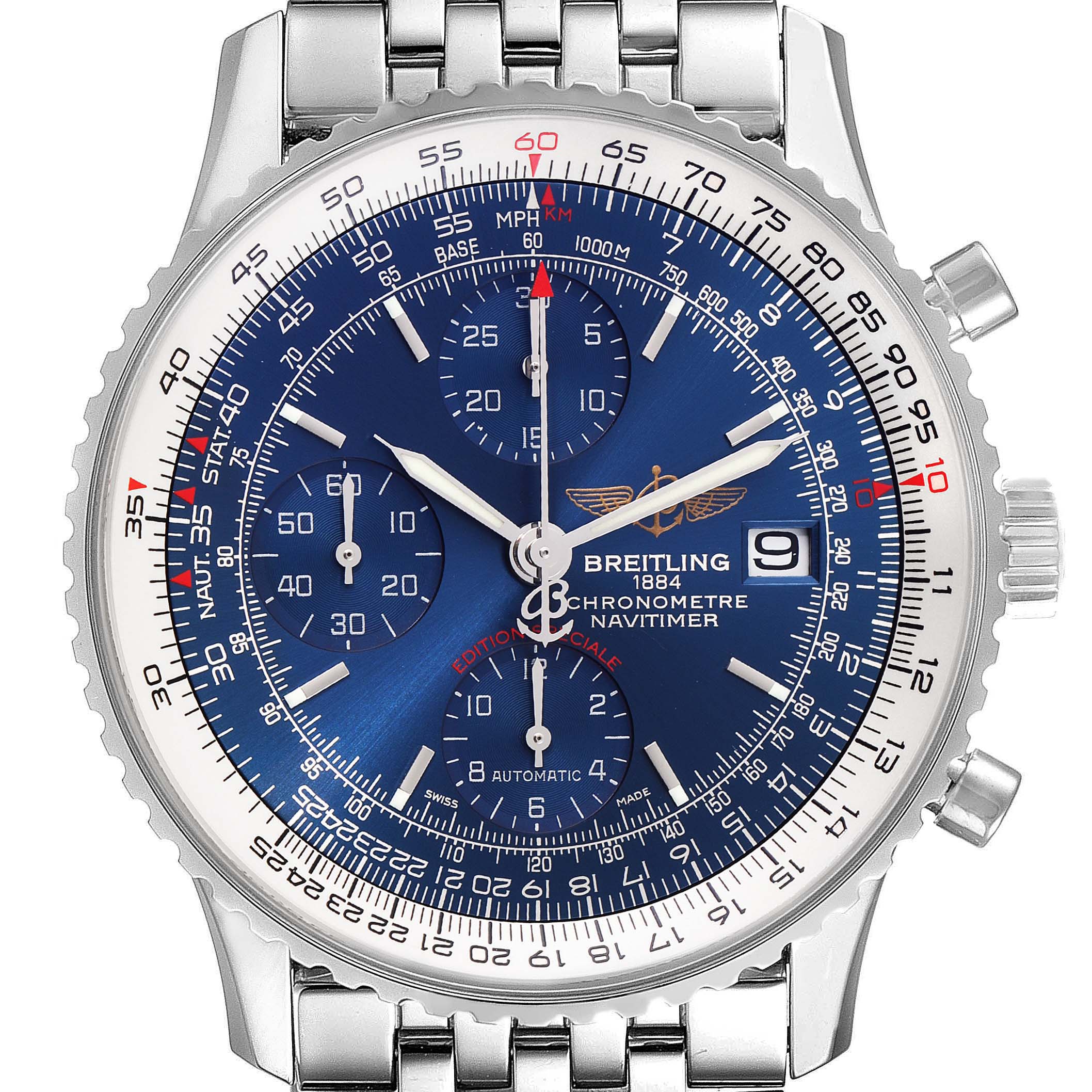 The image shows the Breitling Navitimer A13324 Men's Stainless Steel Blue Dial A13324 Men's Stainless Steel Blue Dial watch face, bracelet, chrono sub-dials, rotating bezel, and crown at a straight-on angle.