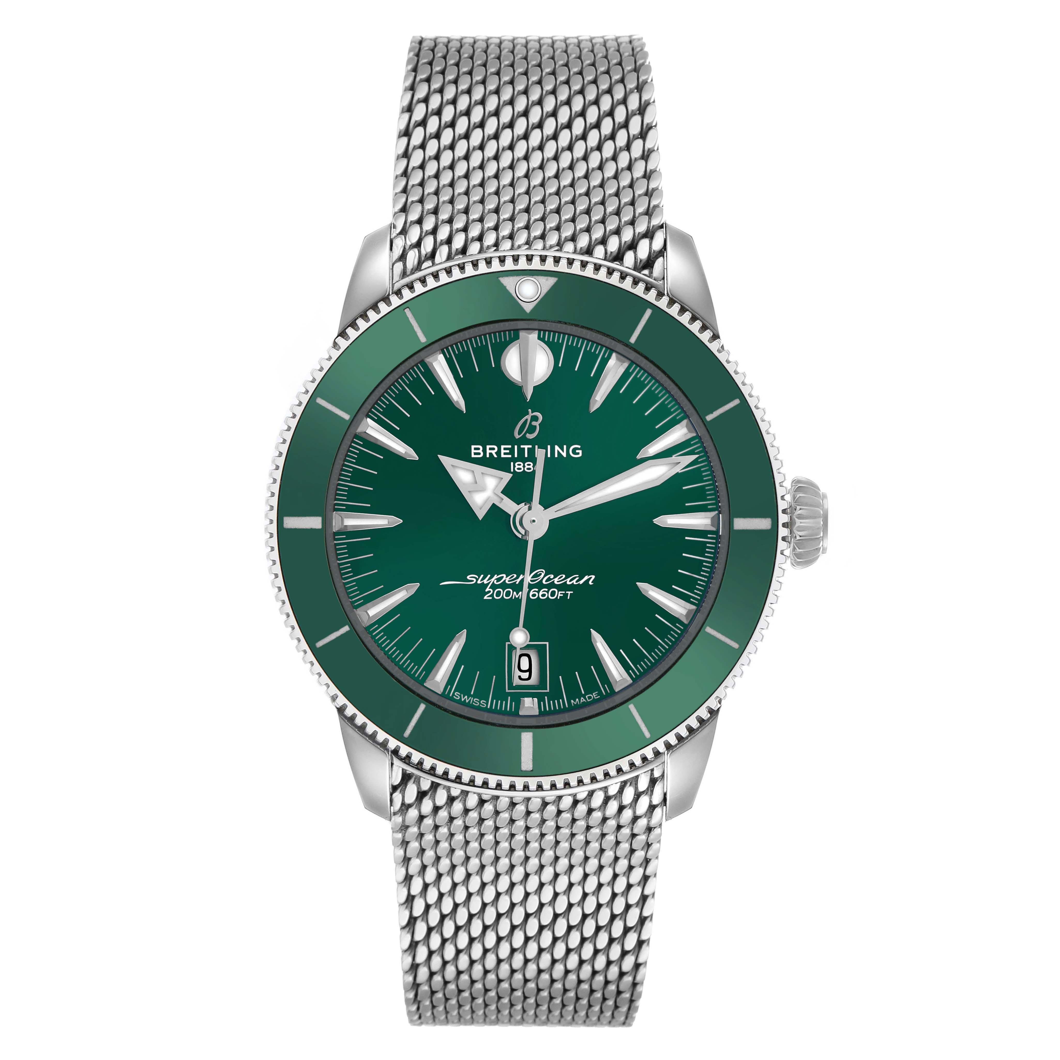 The Breitling Superocean AB3111 Men's Stainless Steel Green Dial watch is shown from a front angle, displaying the dial, bezel, and mesh bracelet.