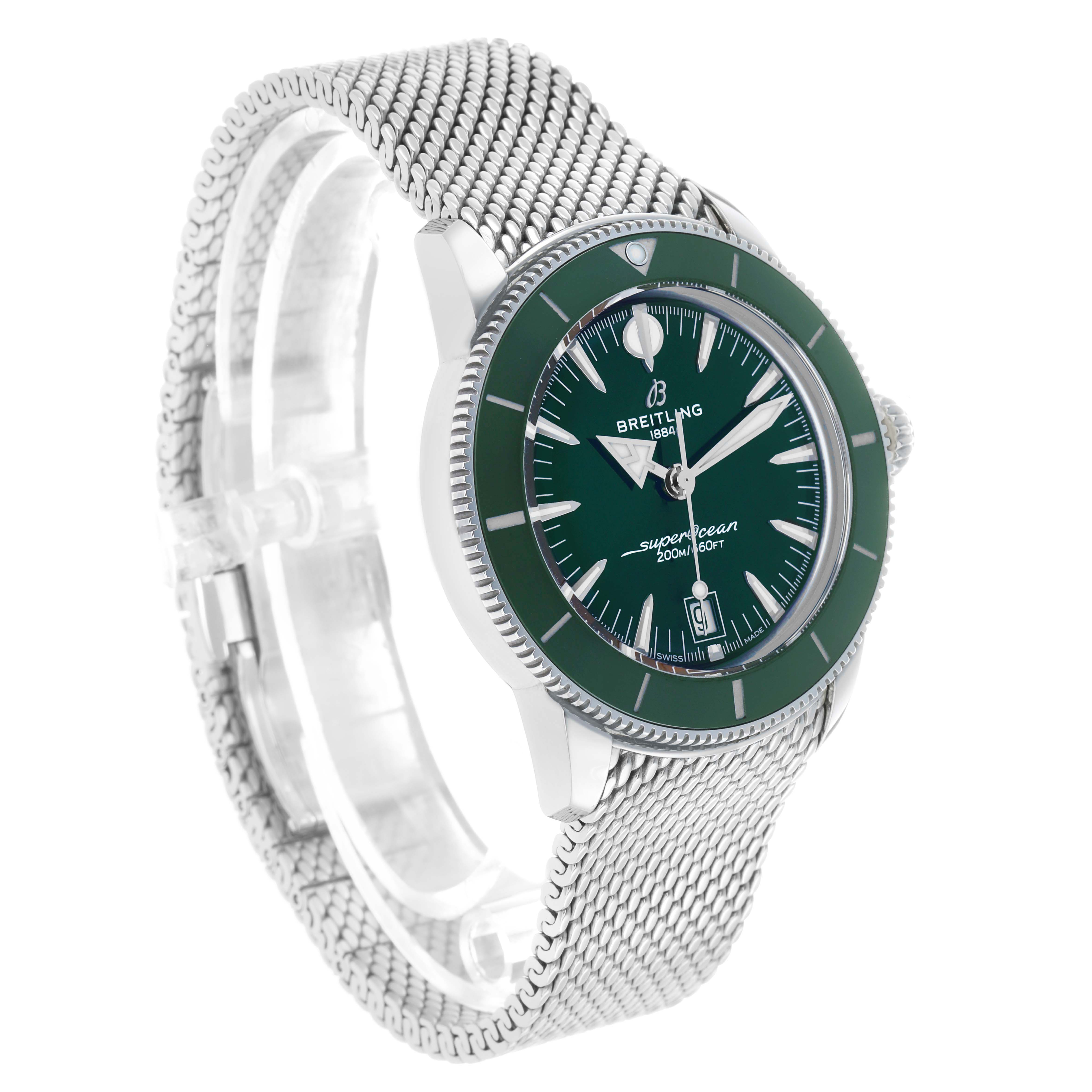 The Breitling Superocean AB3111 Men's Stainless Steel Green Dial watch is shown at a three-quarter angle, highlighting the dial, bezel, and mesh bracelet.