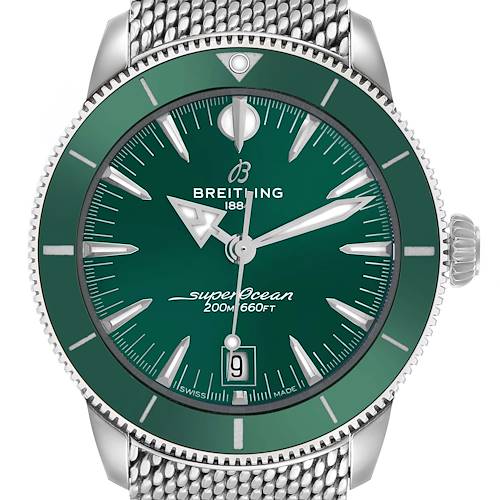 The Breitling Superocean AB3111 Men's Stainless Steel Green Dial watch is shown from the front, highlighting its green dial, bezel, and mesh strap.