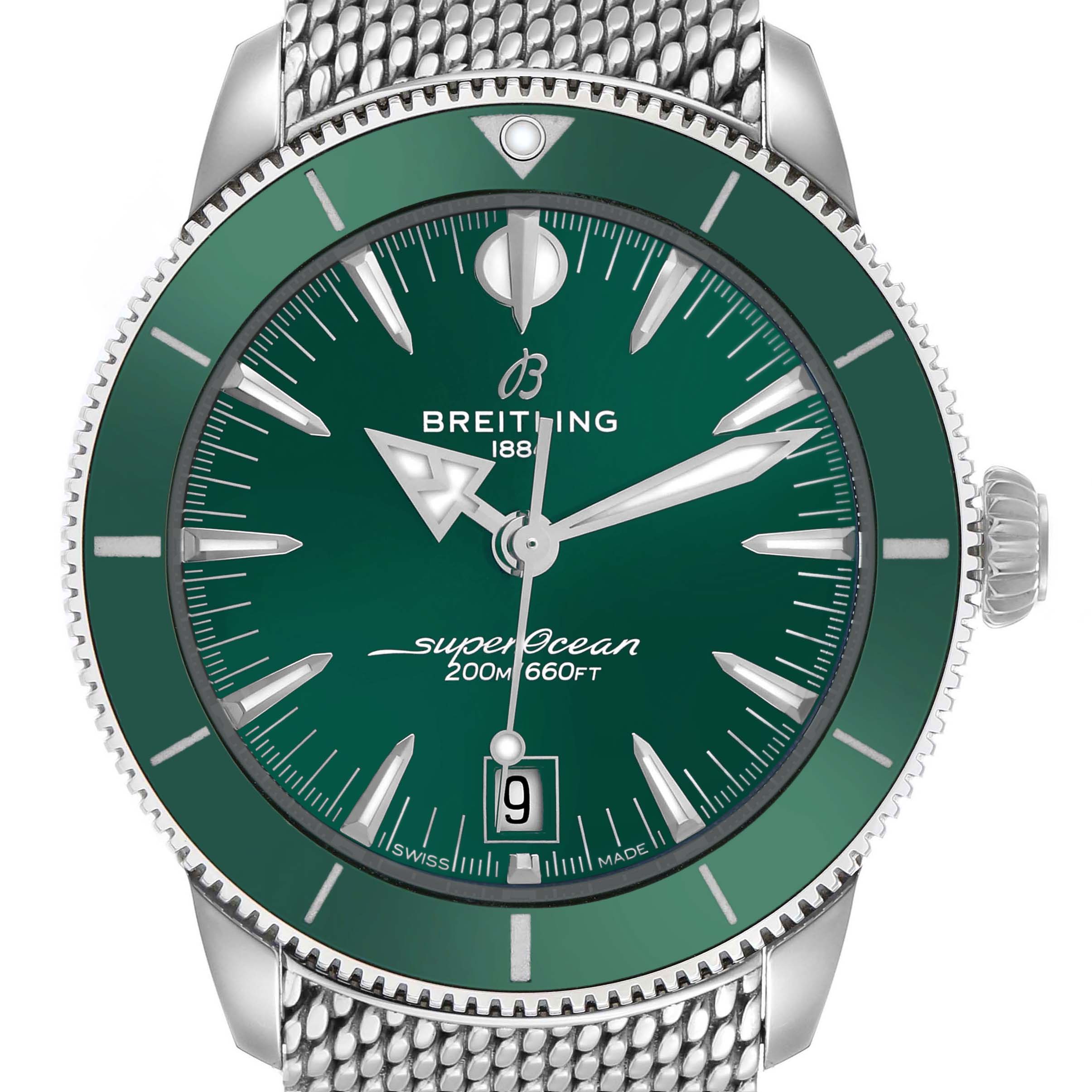 The Breitling Superocean AB3111 Men's Stainless Steel Green Dial watch is shown from the front, highlighting the face, bezel, crown, and part of the metal strap.