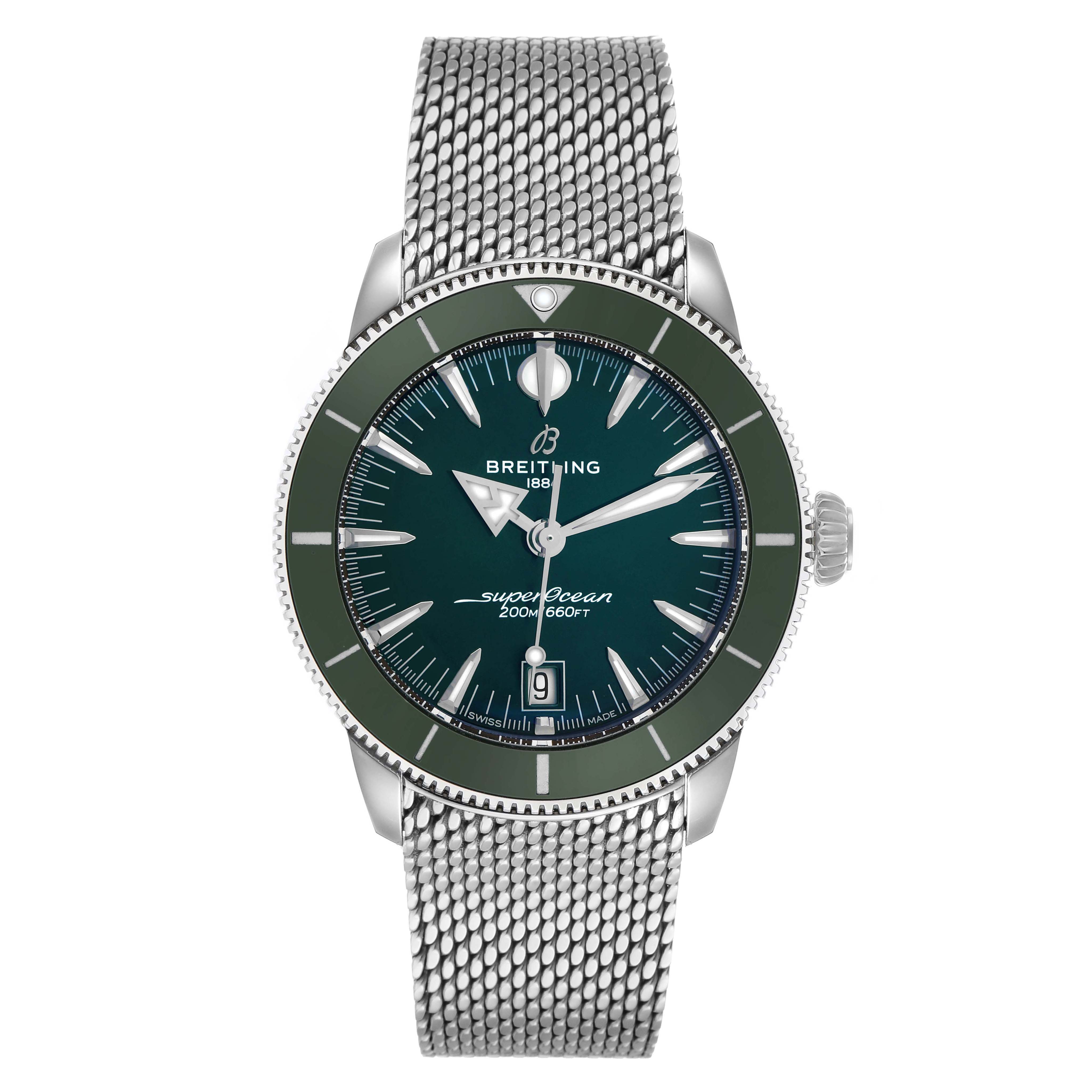 The Breitling Superocean AB3111 Men's Stainless Steel Green Dial watch is shown from a front angle, highlighting the dial, bezel, crown, and mesh bracelet.