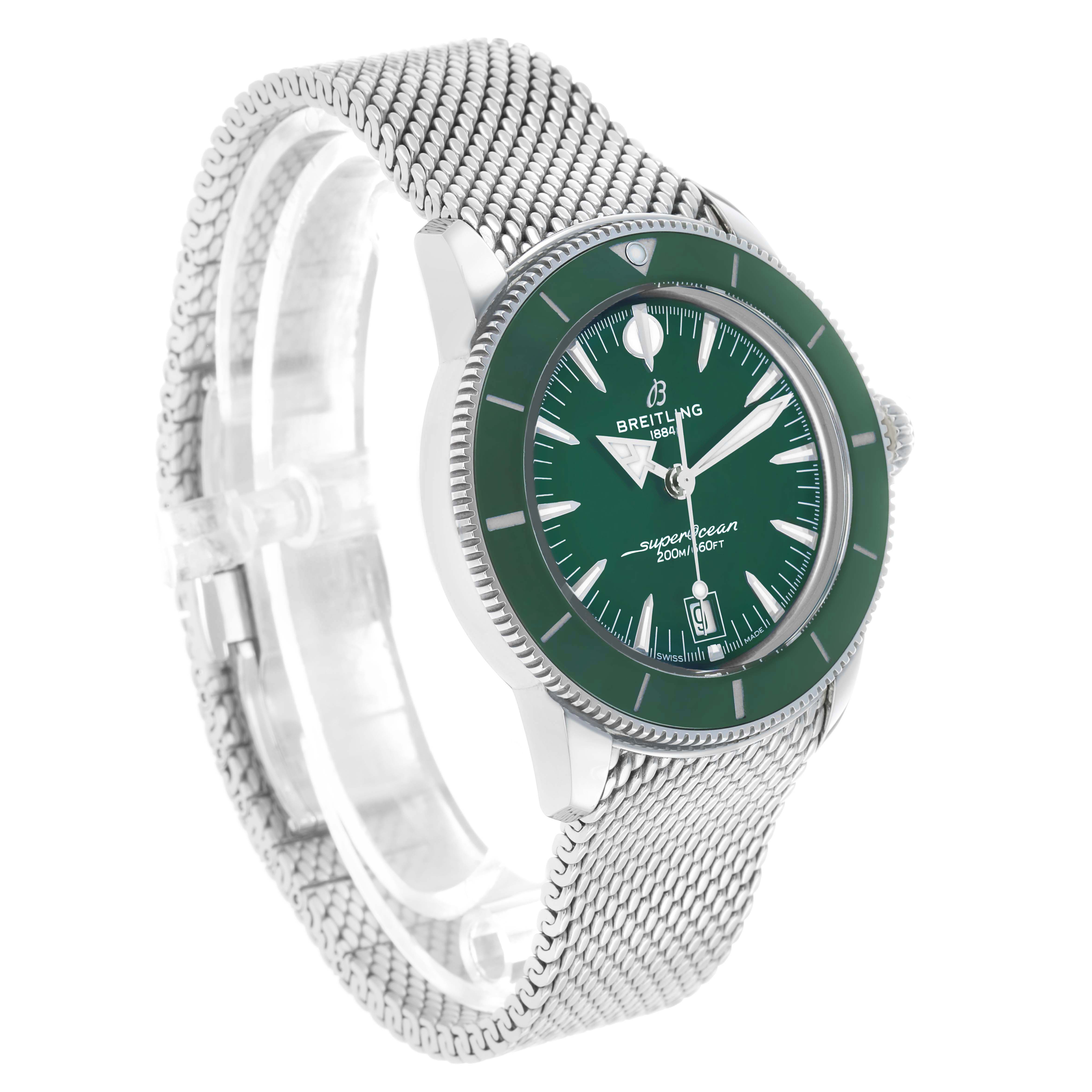 The Breitling Superocean AB3111 Men's Stainless Steel Green Dial watch is shown at a three-quarter angle, highlighting the green dial, bezel, and mesh bracelet.