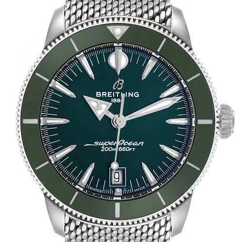 The Breitling Superocean AB3111 Men's Stainless Steel Green Dial watch is shown from the front, highlighting the dial, bezel, date display, and crown.