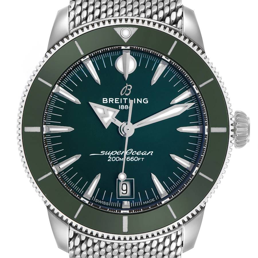 The image shows a front view of the Breitling Superocean AB3111 Men's Stainless Steel Green Dial, highlighting the dial, hands, bezel, and crown.