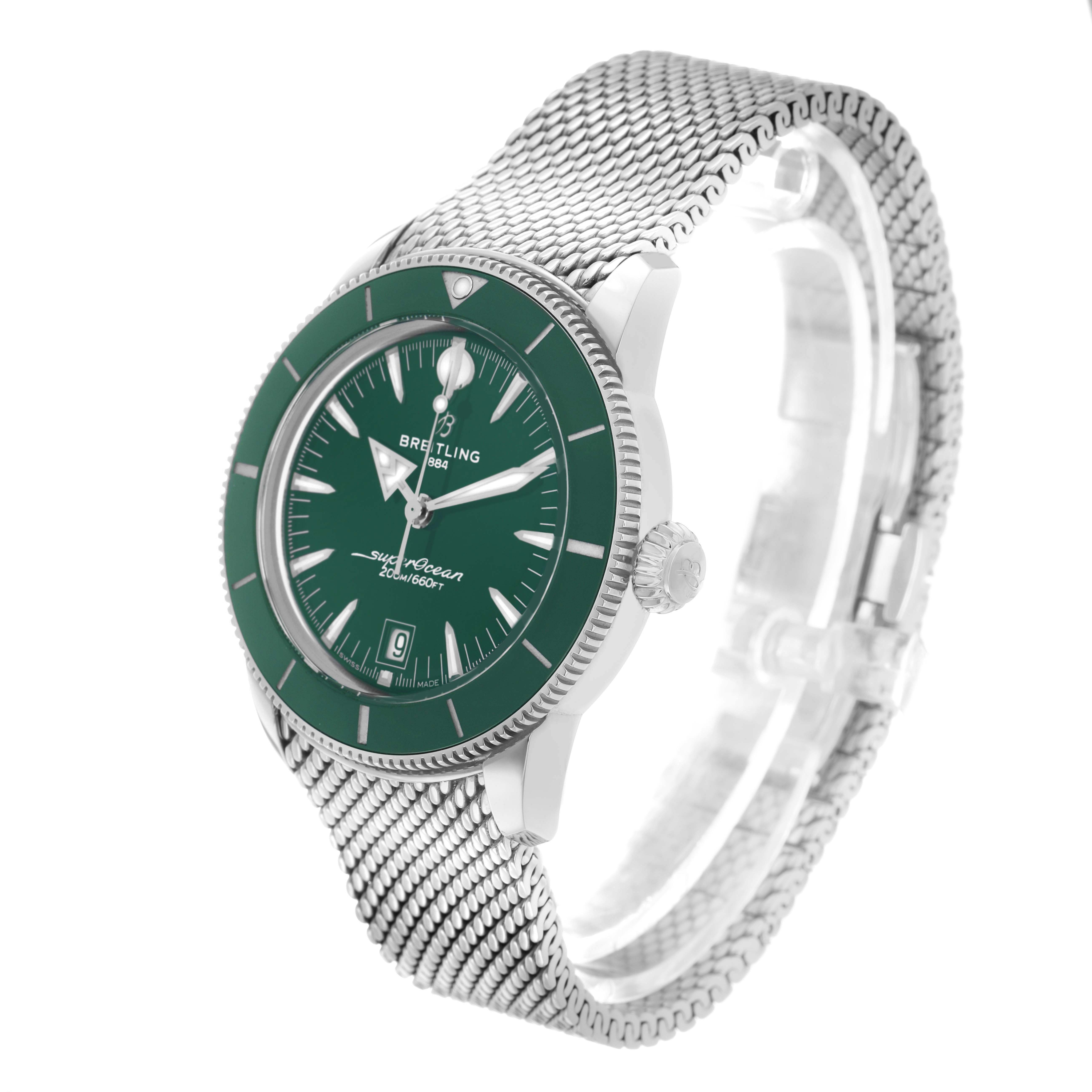 The Breitling Superocean AB3111 Men's Stainless Steel Green Dial watch is shown at a 3/4 angle, displaying the dial, bezel, crown, and mesh bracelet.